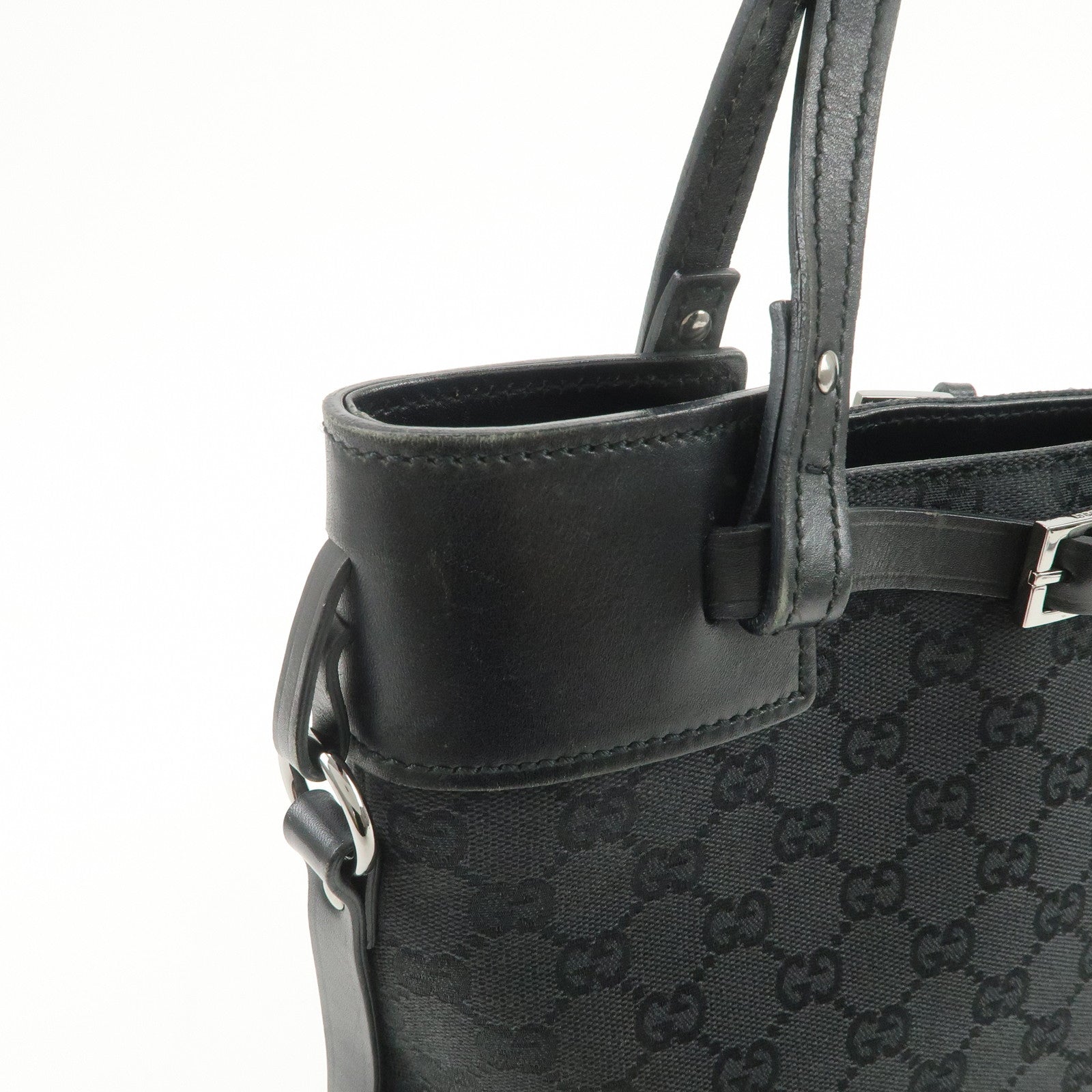 GUCCI GG Canvas Leather Tote Bag Hand Bag Shoulder Bag Black 107757