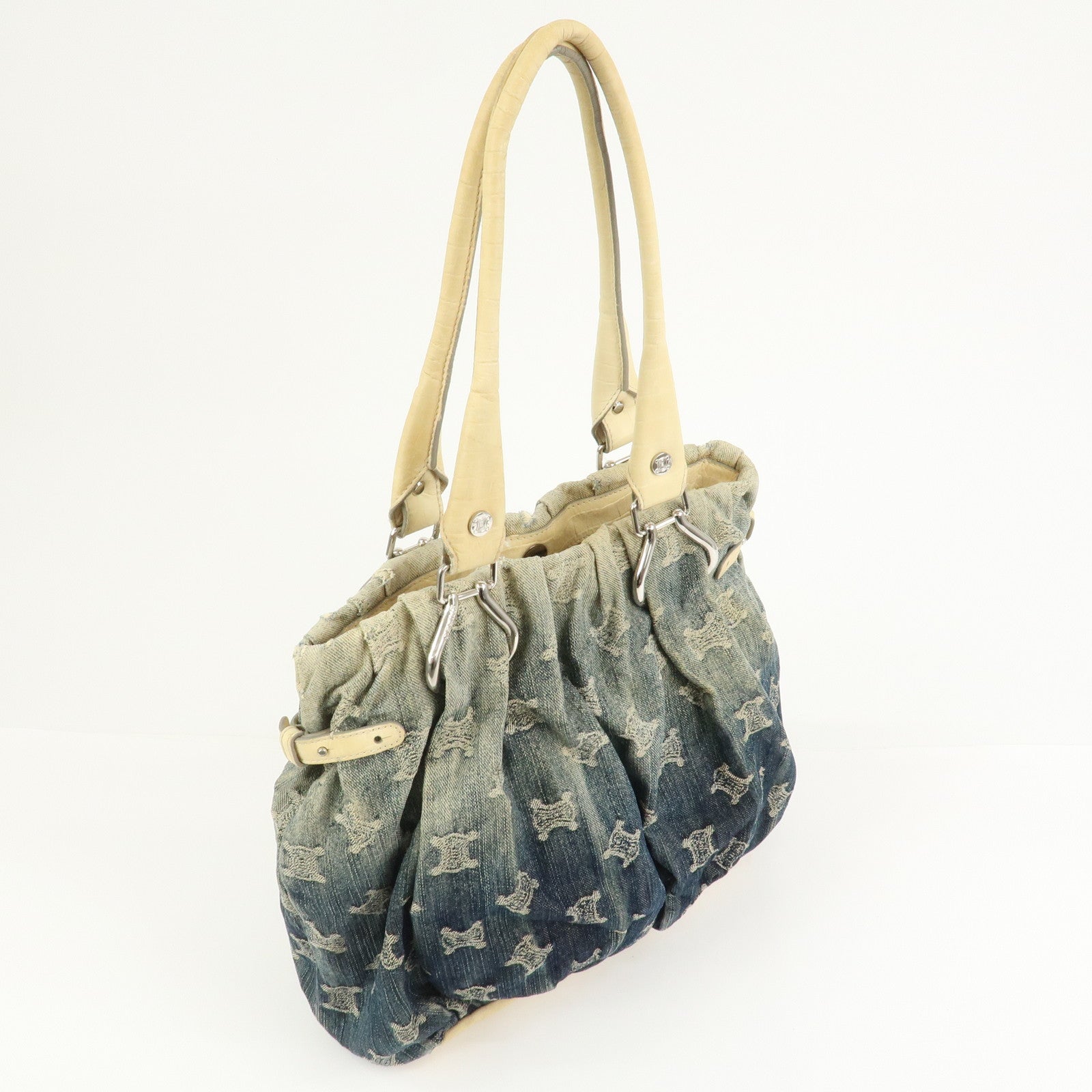 CELINE Macadam Denim Emboss Leather Tote Bag Hand Bag Blue Ivory