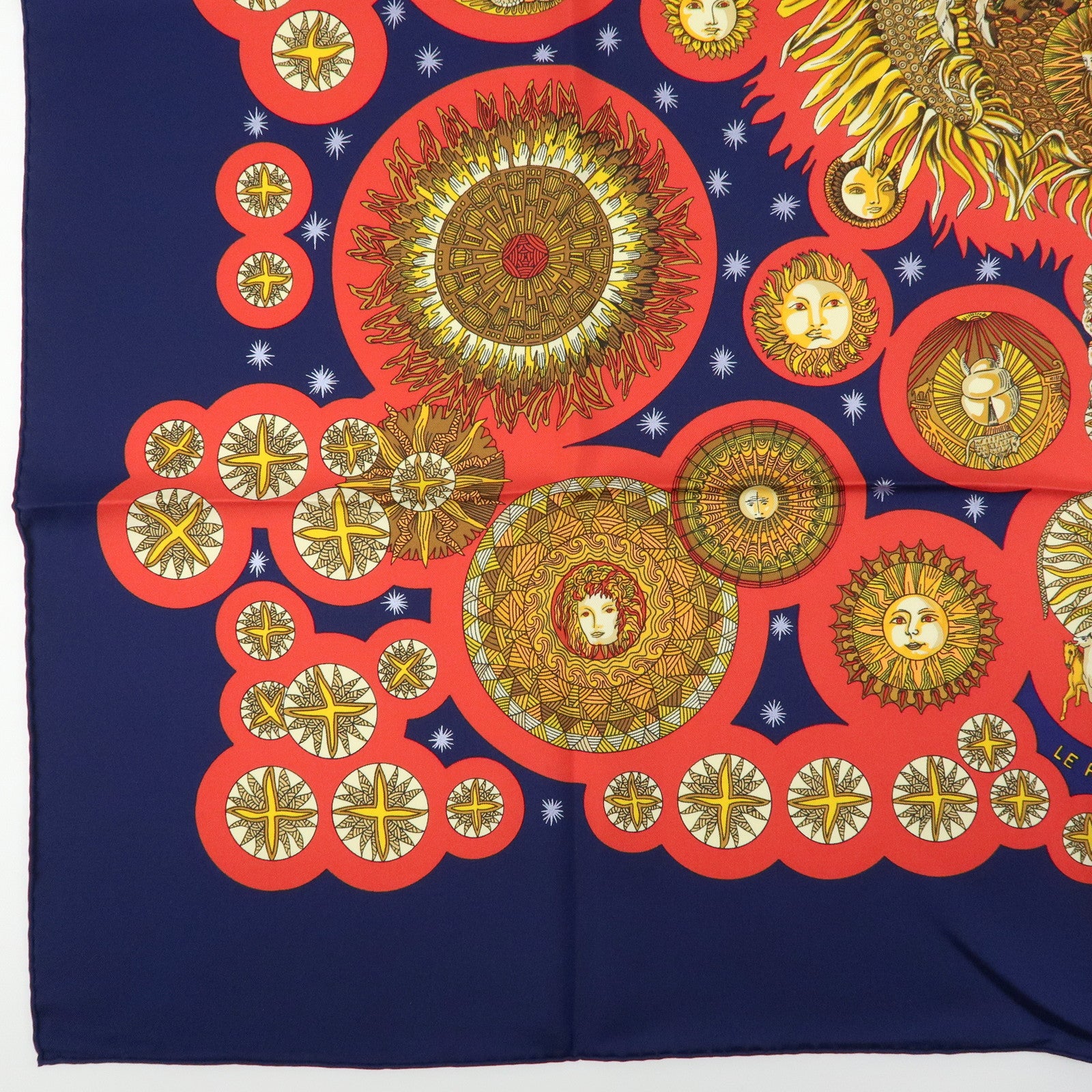 HERMES Carre 90 Silk 100% Scarf LE ROY SOLEIL Navy Red Yellow