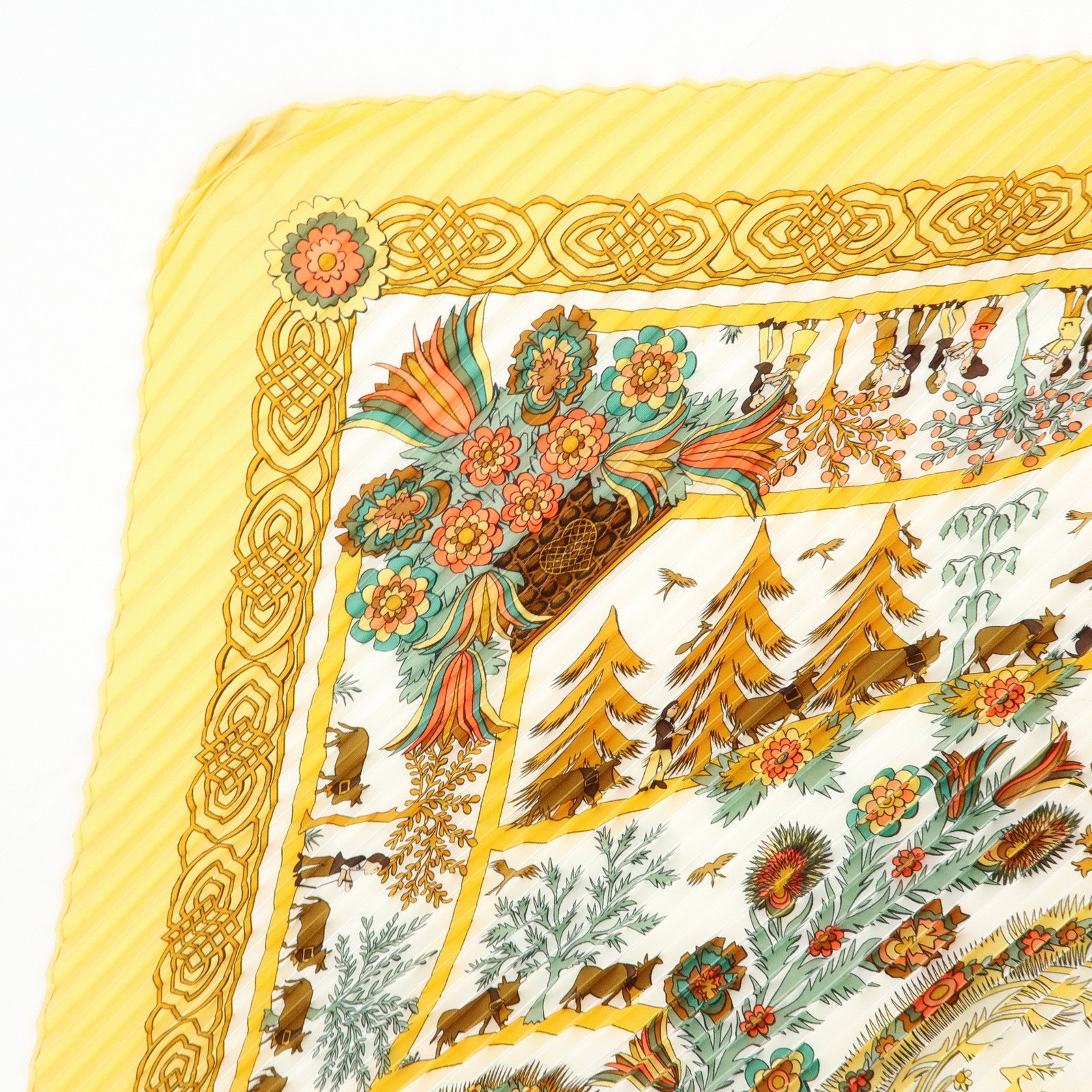 HERMES Pleated Carre 90 Silk 100% Scarf DECOUPAGES Yellow Brown