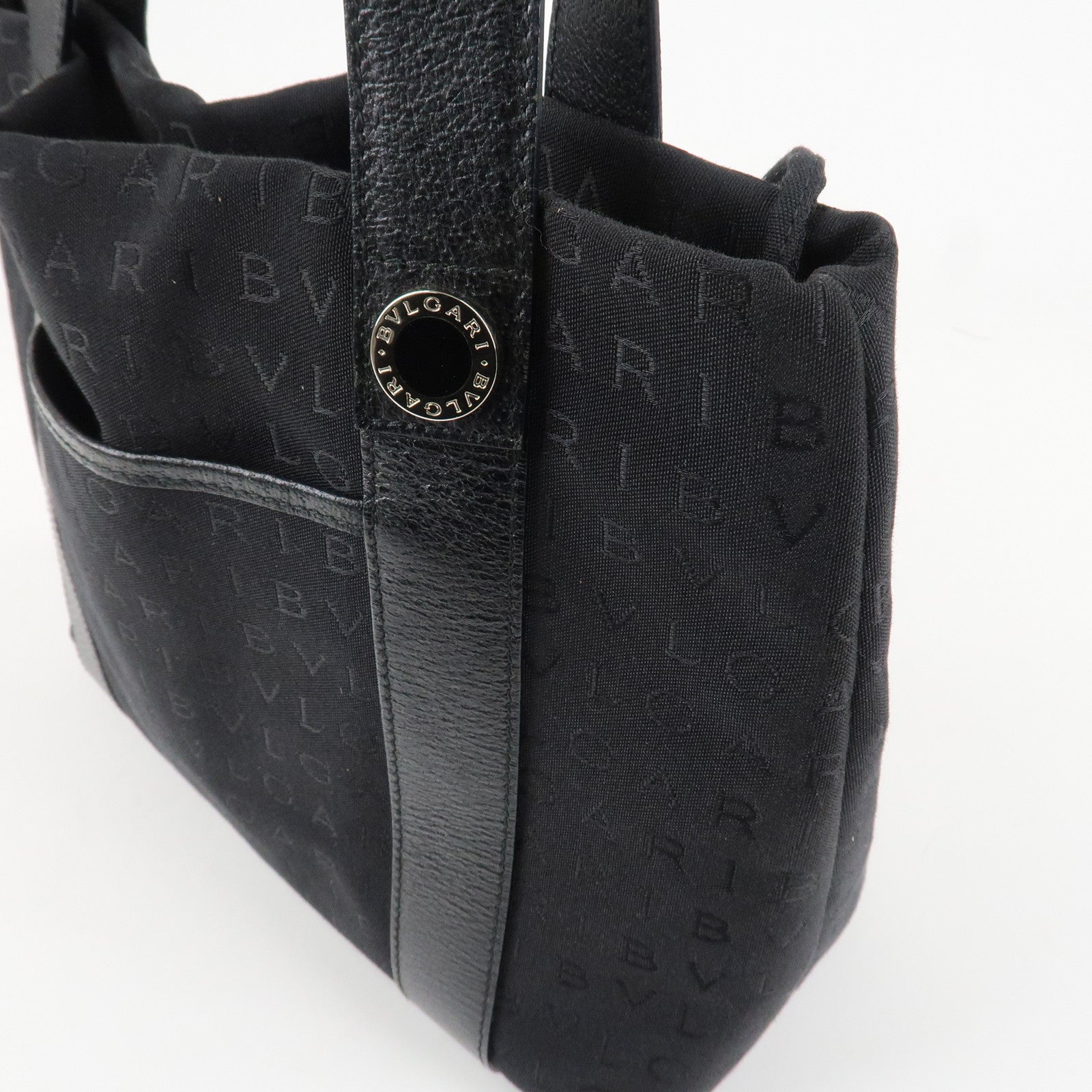 BVLGARI Logo Mania Canvas Leather Tote Bag Hand Bag Black Silver HDW Used