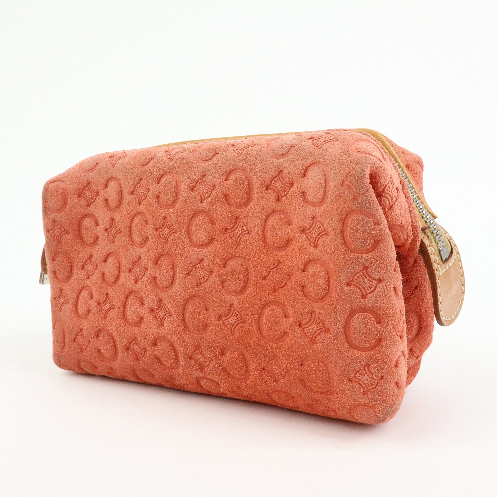 CELINE C Macadam Suede Leather Pouch Cosmetic Case Coral