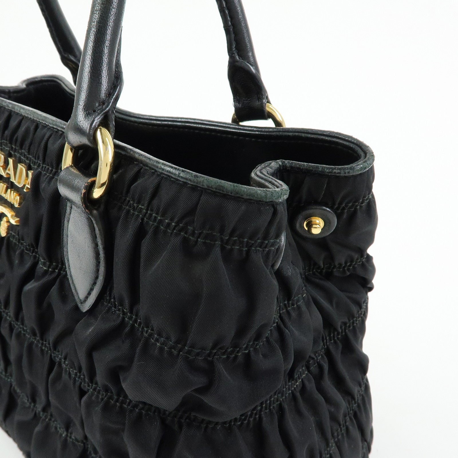 PRADA Nylon Leather Gathered Tote Bag Hand Bag Black