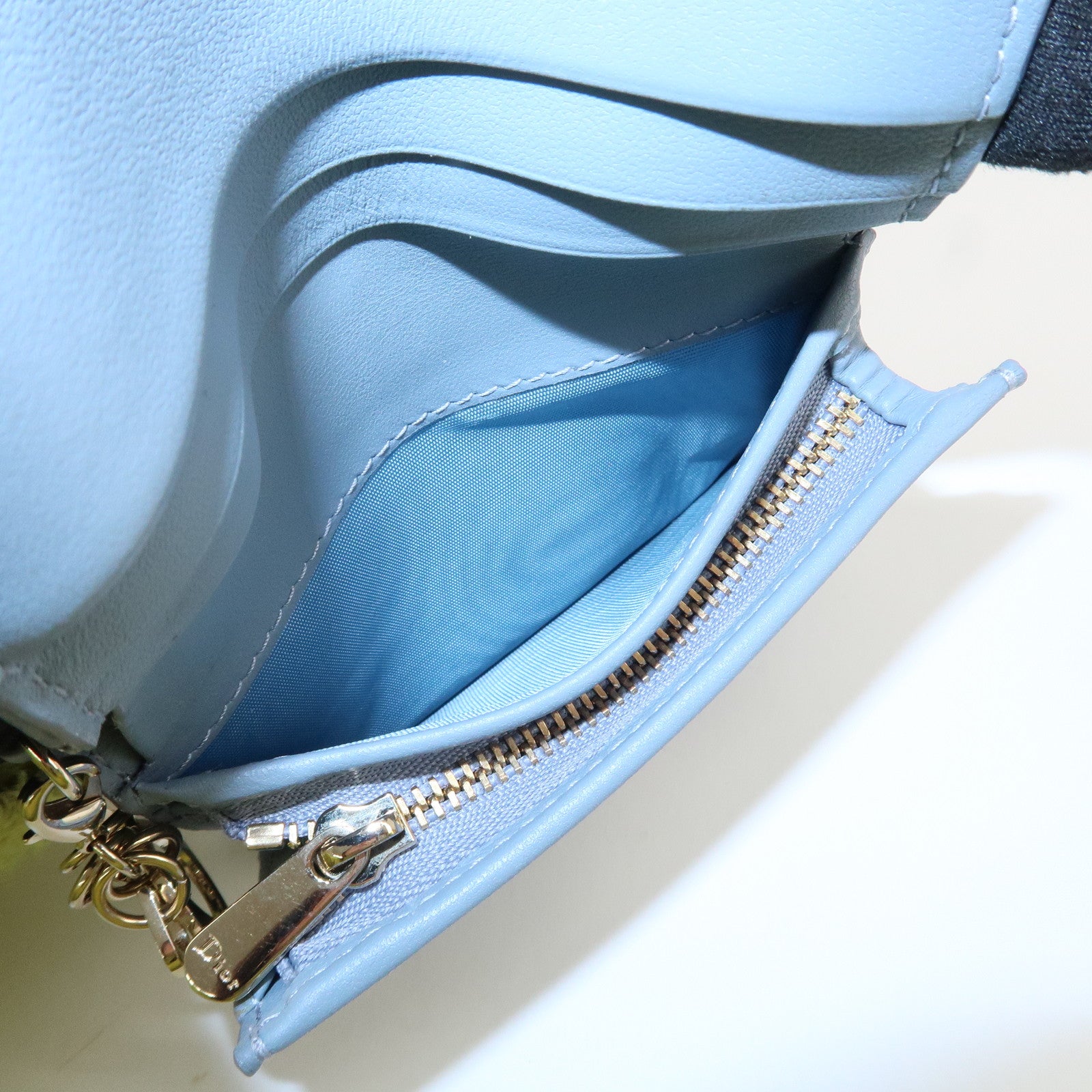 Christian Dior Cannage Leather Gardenia Wallet Gold Charm Blue Used