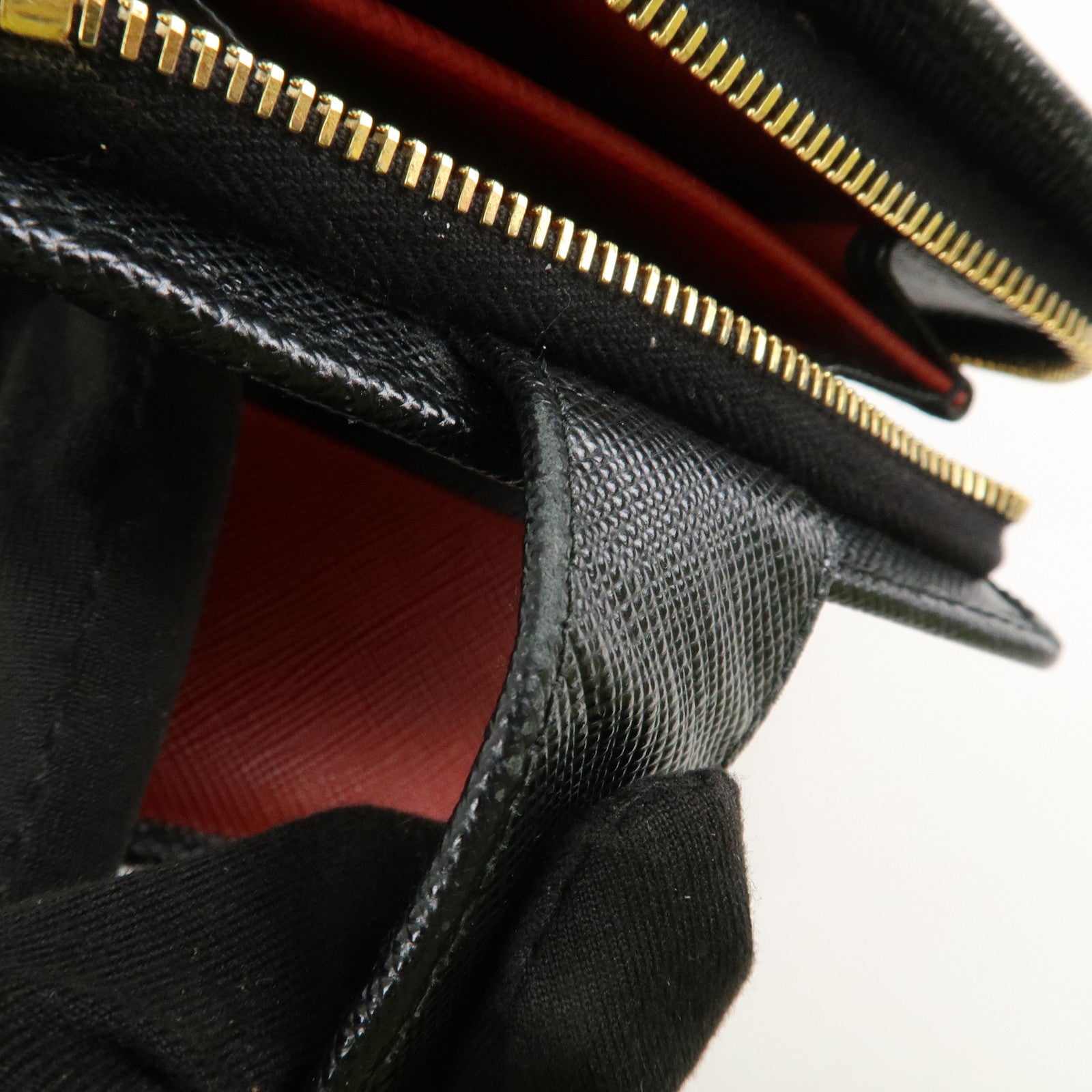 PRADA Saffiano Leather Bi-Fold Wallet Black Red Gold 1ML018 Used