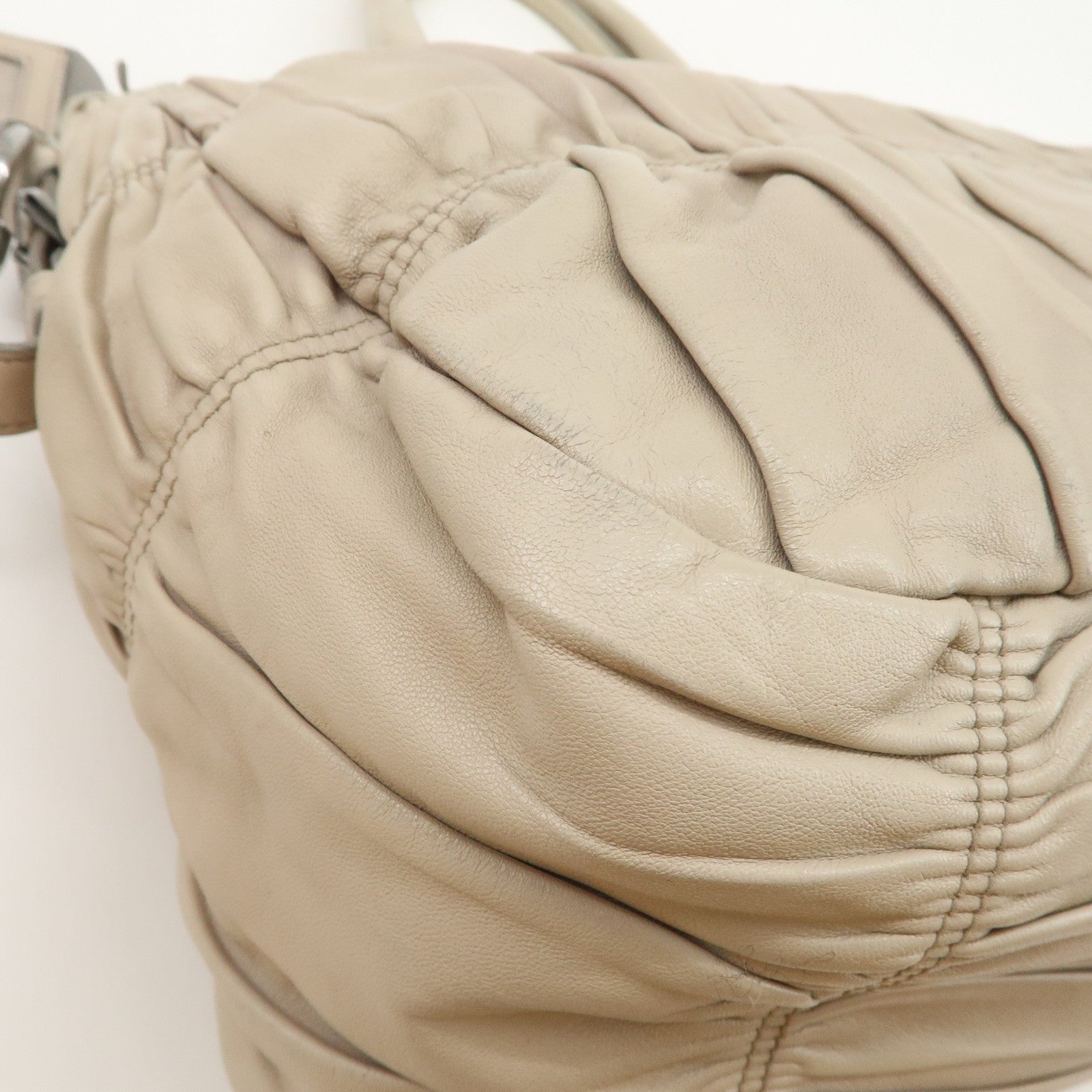 PRADA Logo Leather Gathered 2Way Hand Bag Beige BN1336