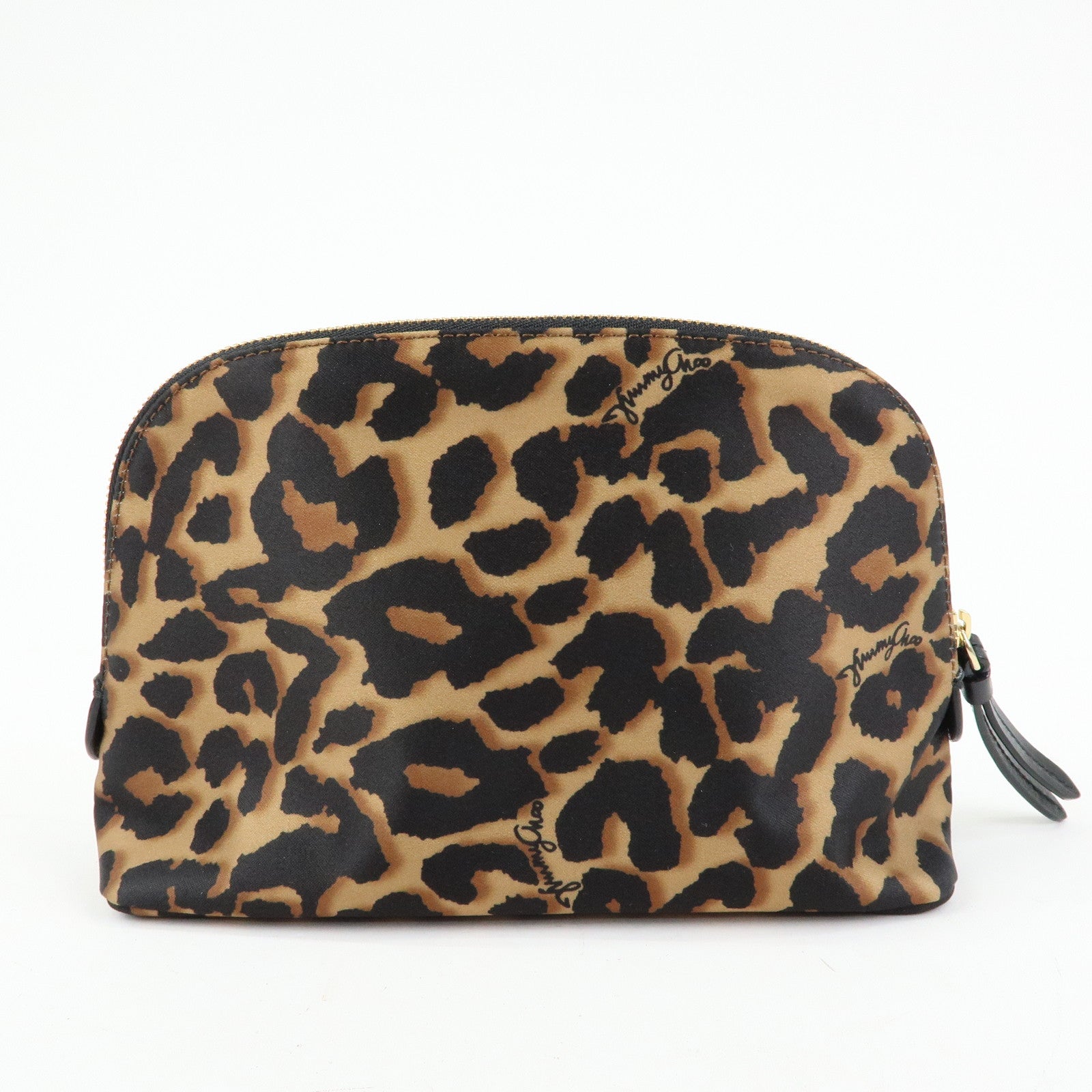 JIMMY CHOO Nylon Leather Leopard Clutch Pouch Makeup Bag Brown