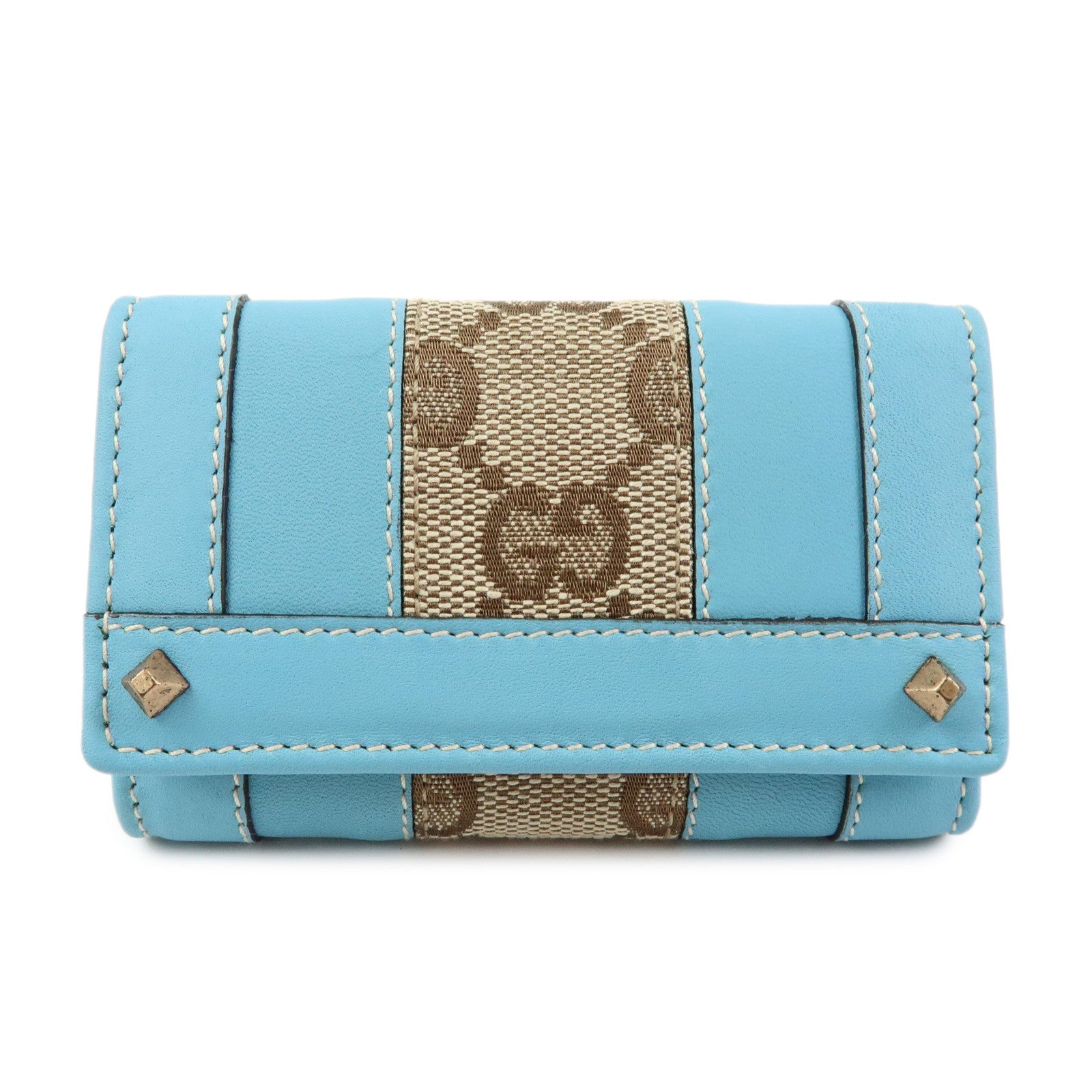 GUCCI GG Canvas Leather 6 Ring Key Case Light Blue Beige 120930