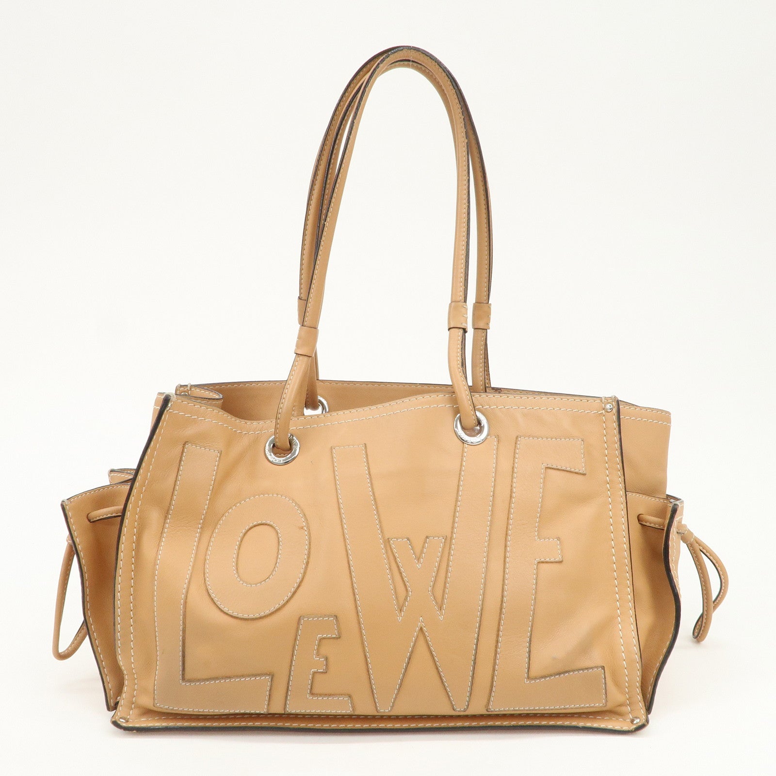 LOEWE Anagram Logo Leather Shopper Tote Bag Shouder Bag Light Brown