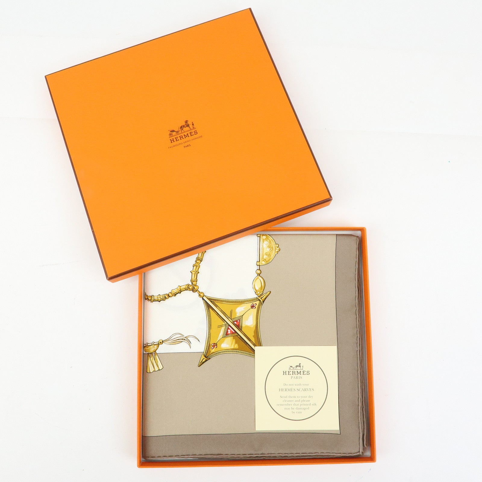HERMES Carre 90 Silk 100% Scarf PARURES DES SABLES Gold Brown