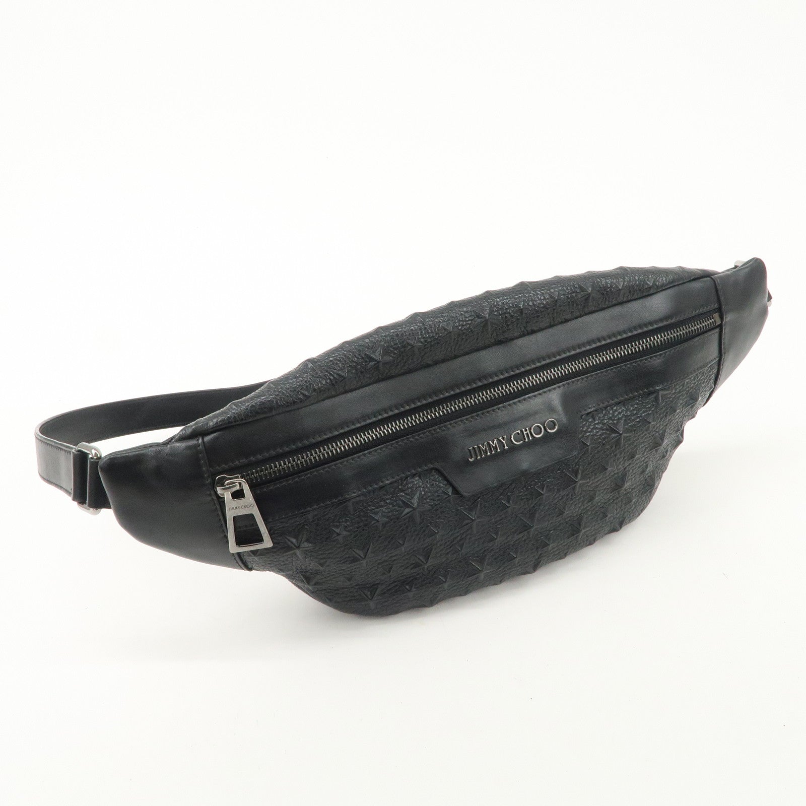 JIMMY CHOO Leather Waist Bag Crossbody Bag Black Silver Hardware Used