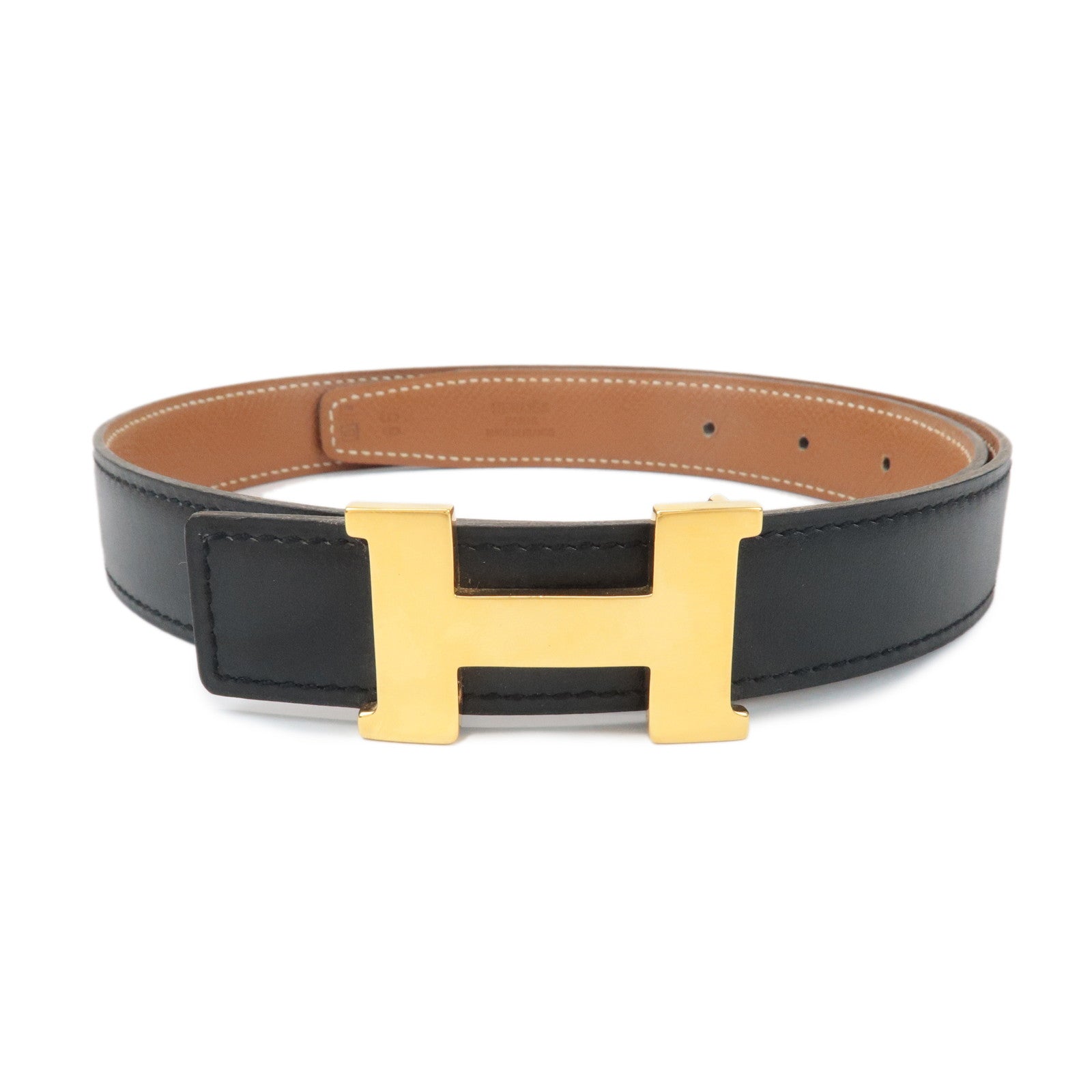 HERMES Cushvel Leather H Buckle Constance Belt H Stamped Black Gold Used