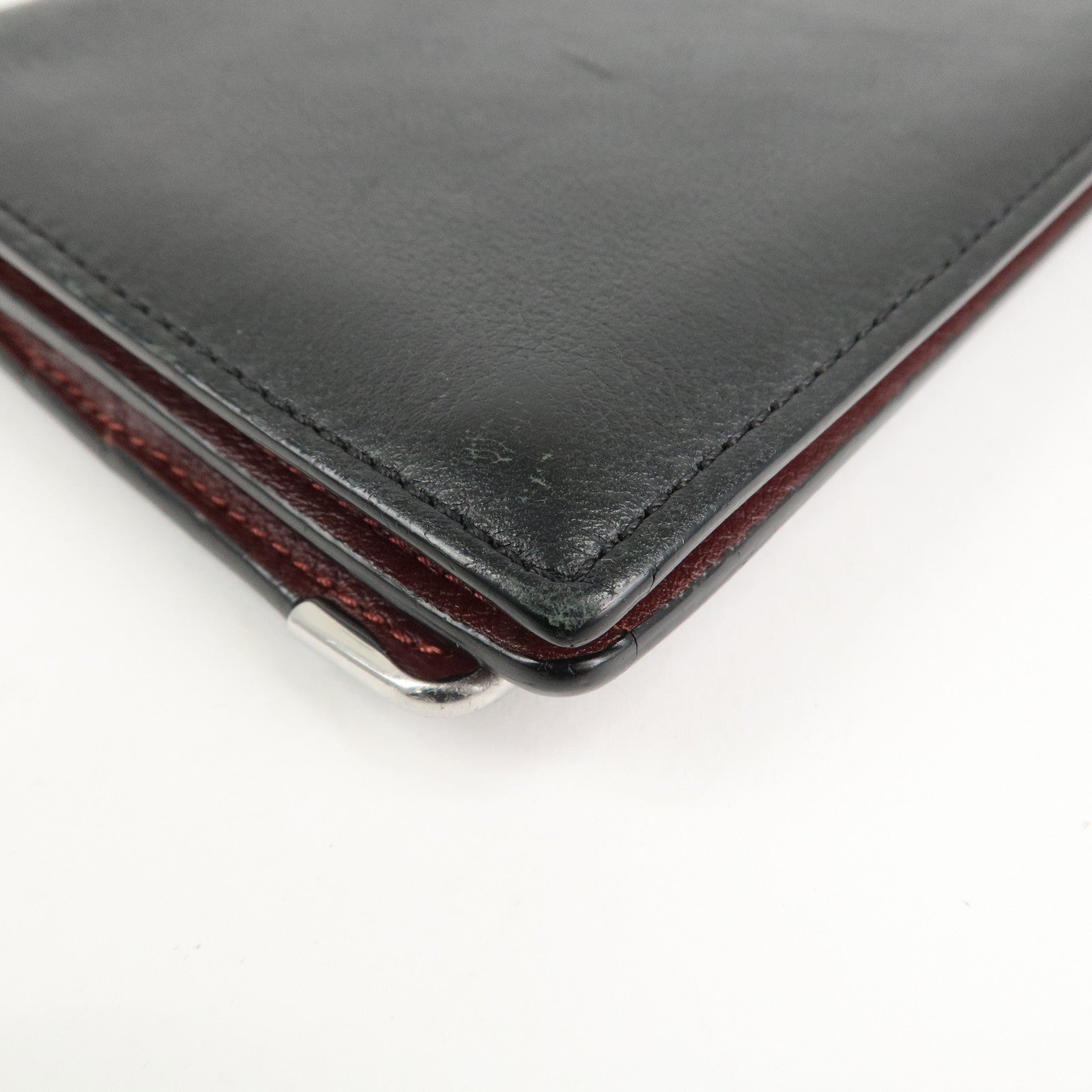 Cartier Leather Bi-fold Long Wallet Silver HDW Black Bordeaux Used