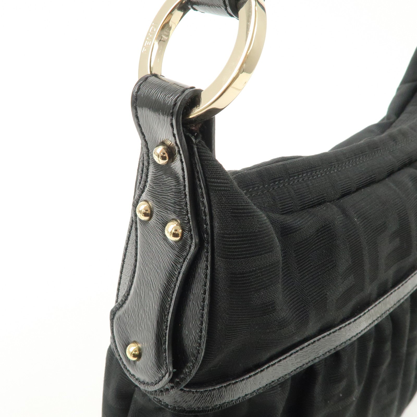 FENDI Zucca Canvas Leather Gathered Shoulder Bag Black 8BR448