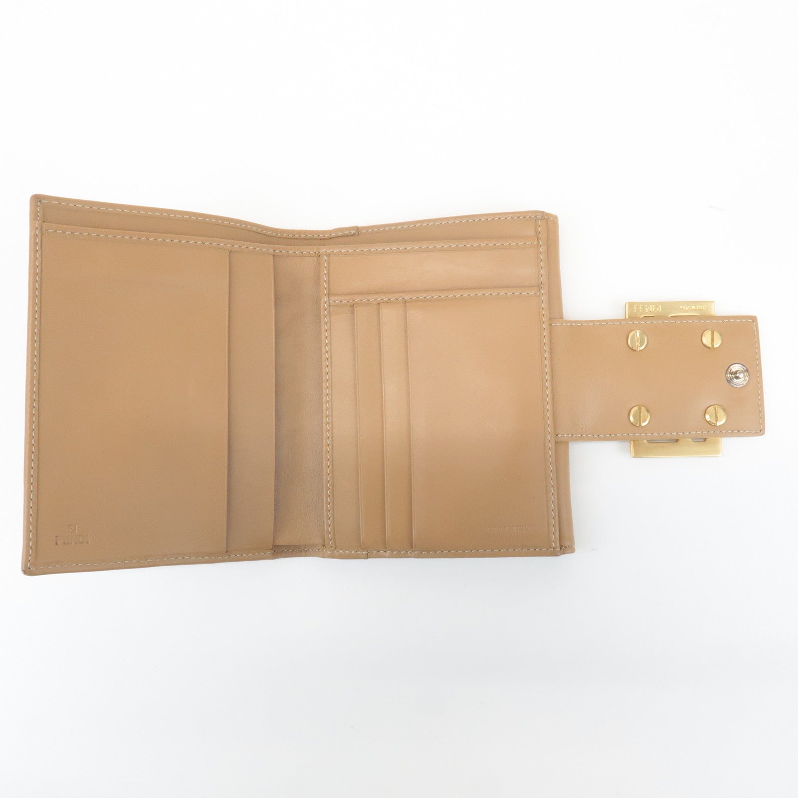 FENDI Zucca Leather Canvas Double Hook Bi Fold Wallet Beige 8M0035 Used