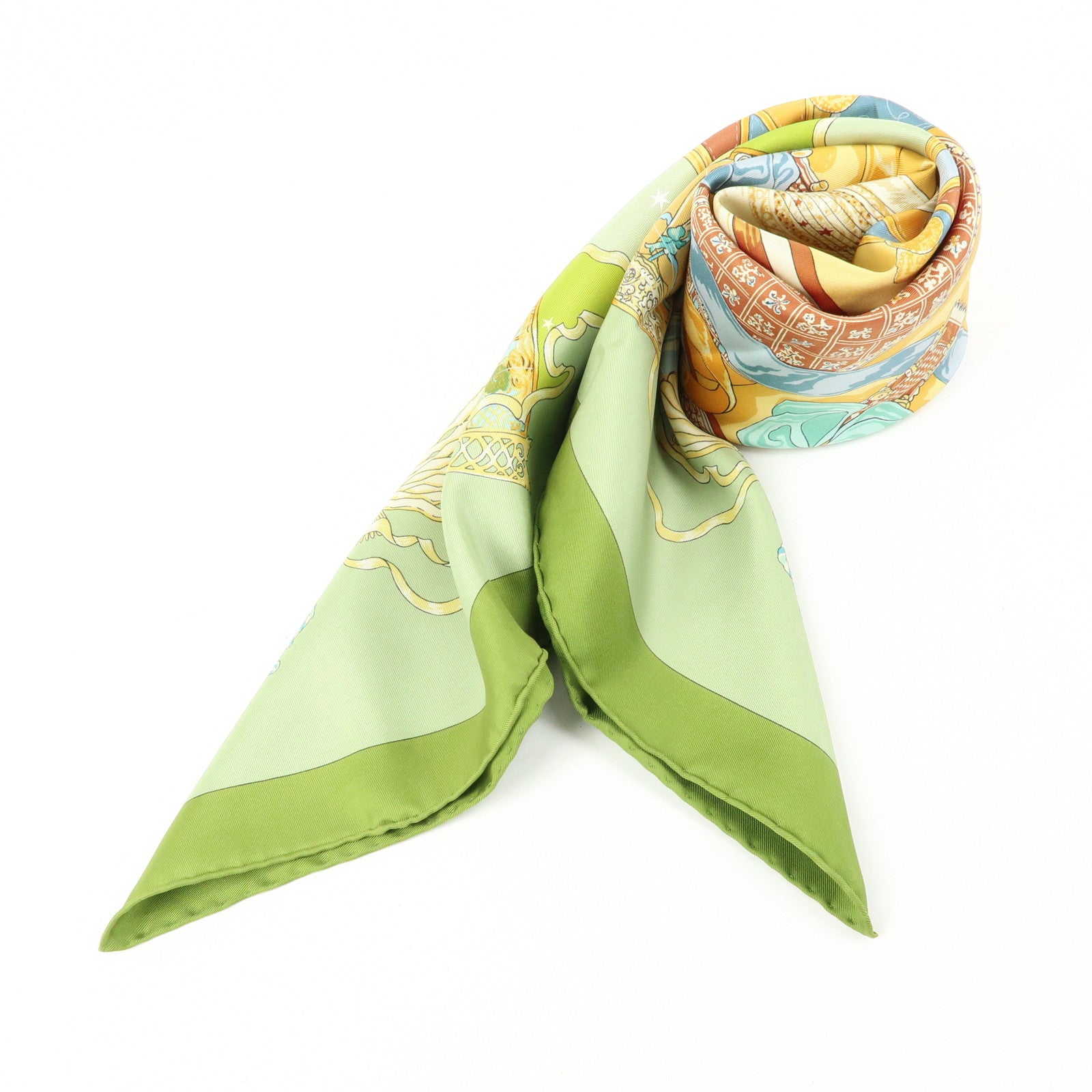 HERMES Carre90 Silk100% Scarf Mon Ami Pierrot Green Yellow Beige