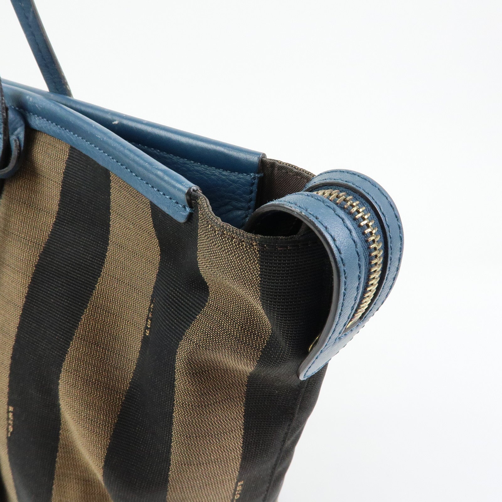 FENDI Pequin Canvas Leather Tote Bag Shoulder Bag Brown Navy 8BH185