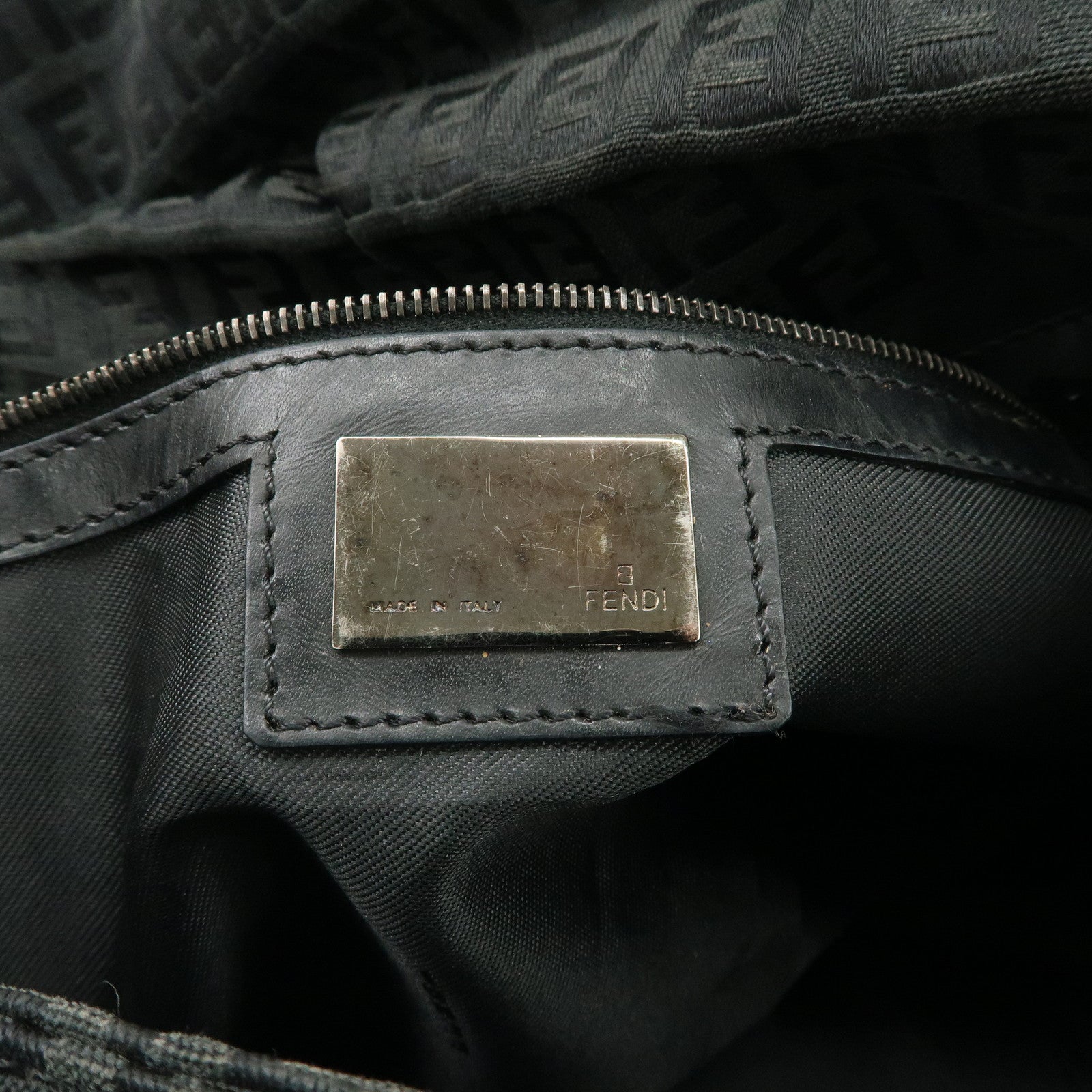 FENDI Mamma Baguette Zucchino Leather Canvas Shoulder Bag Black 8BR001 Used