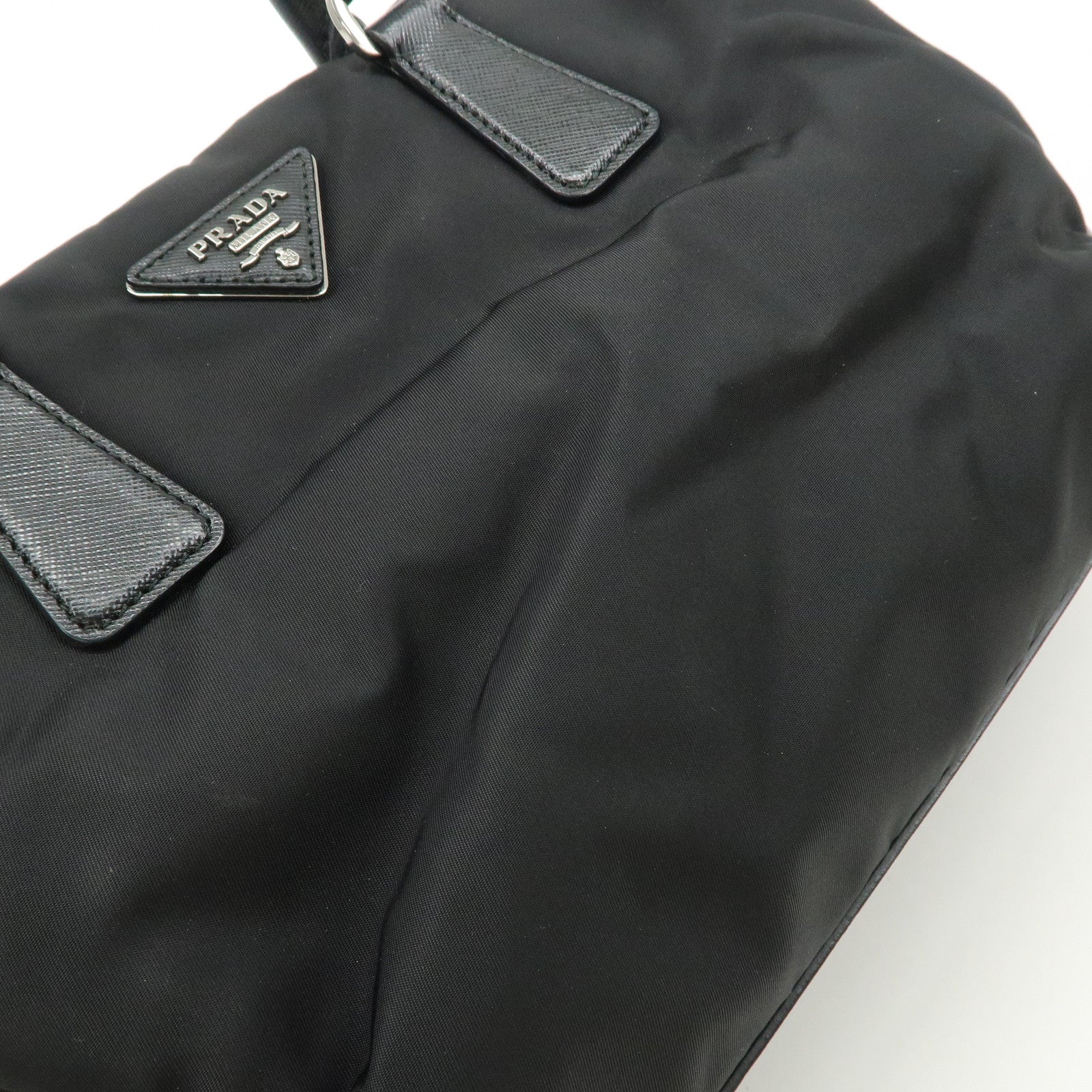 PRADA Triangle Logo Leather Nylon 2Way Bag Hand Bag Black Gold HDW Used