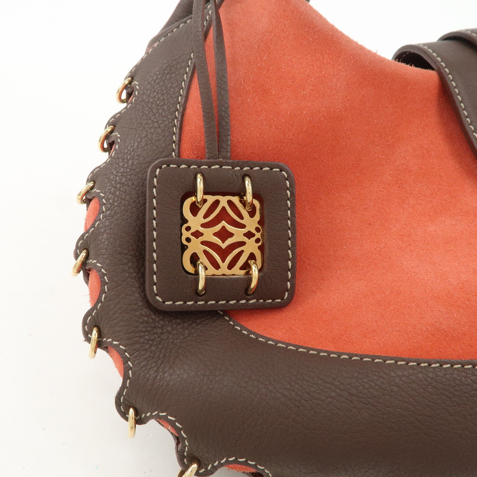 LOEWE Leather Suede Shoulder Bag Hand Bag Brown Red Gold HDW