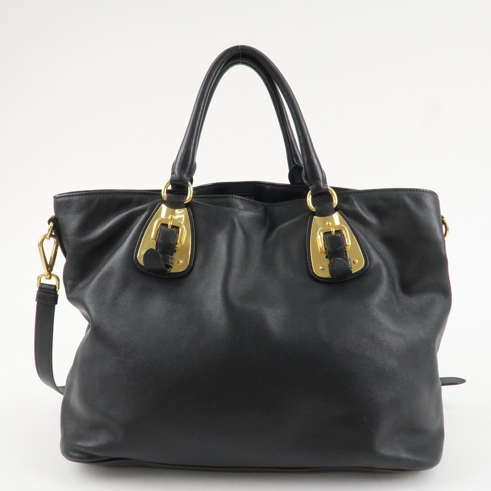 PRADA Logo Calf Leather 2Way Tote Bag Hand Bag Black Gold HDW BN1902 Used