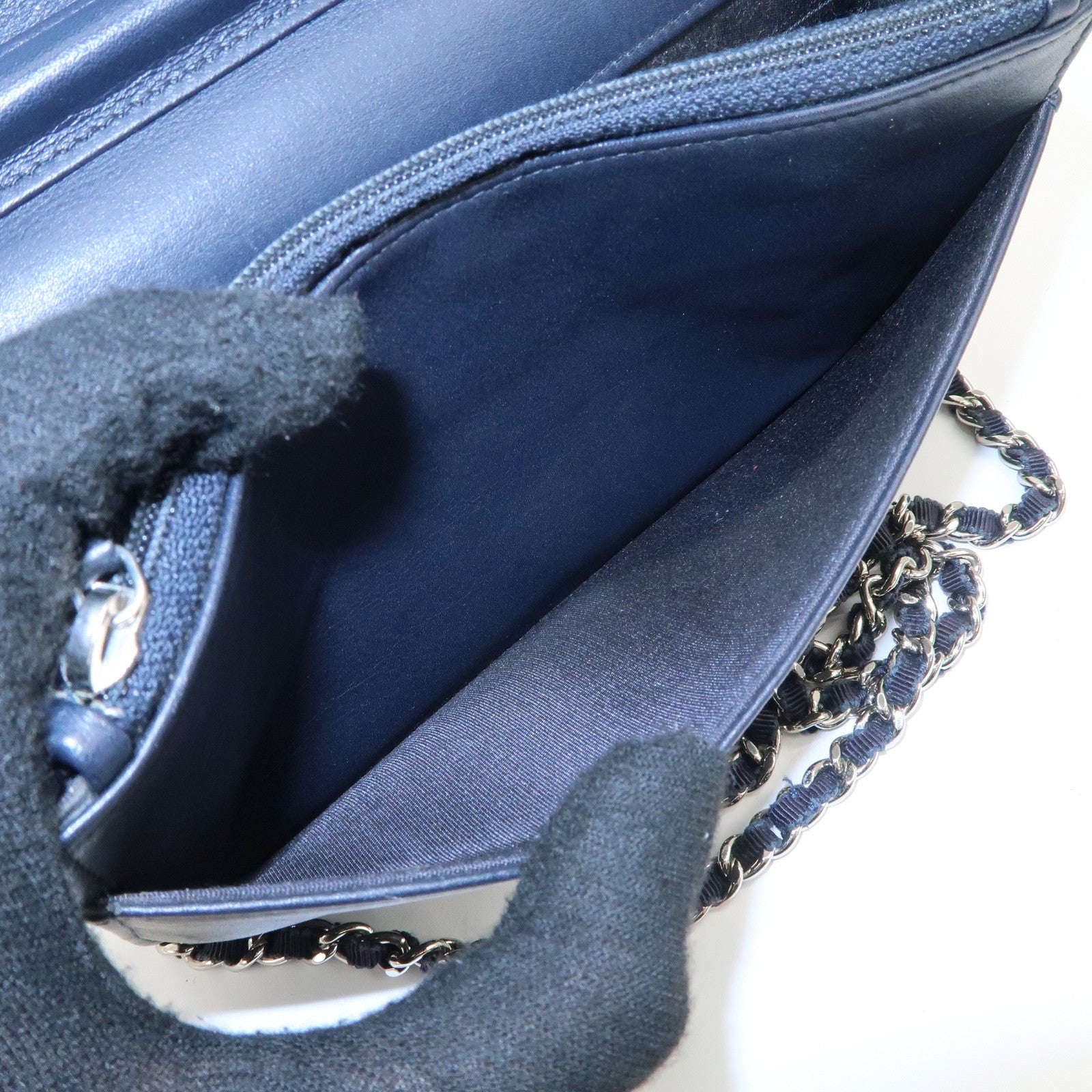 CHANEL Deauville Denim Chain Wallet Navy Brown Silver HDW A80795 Used