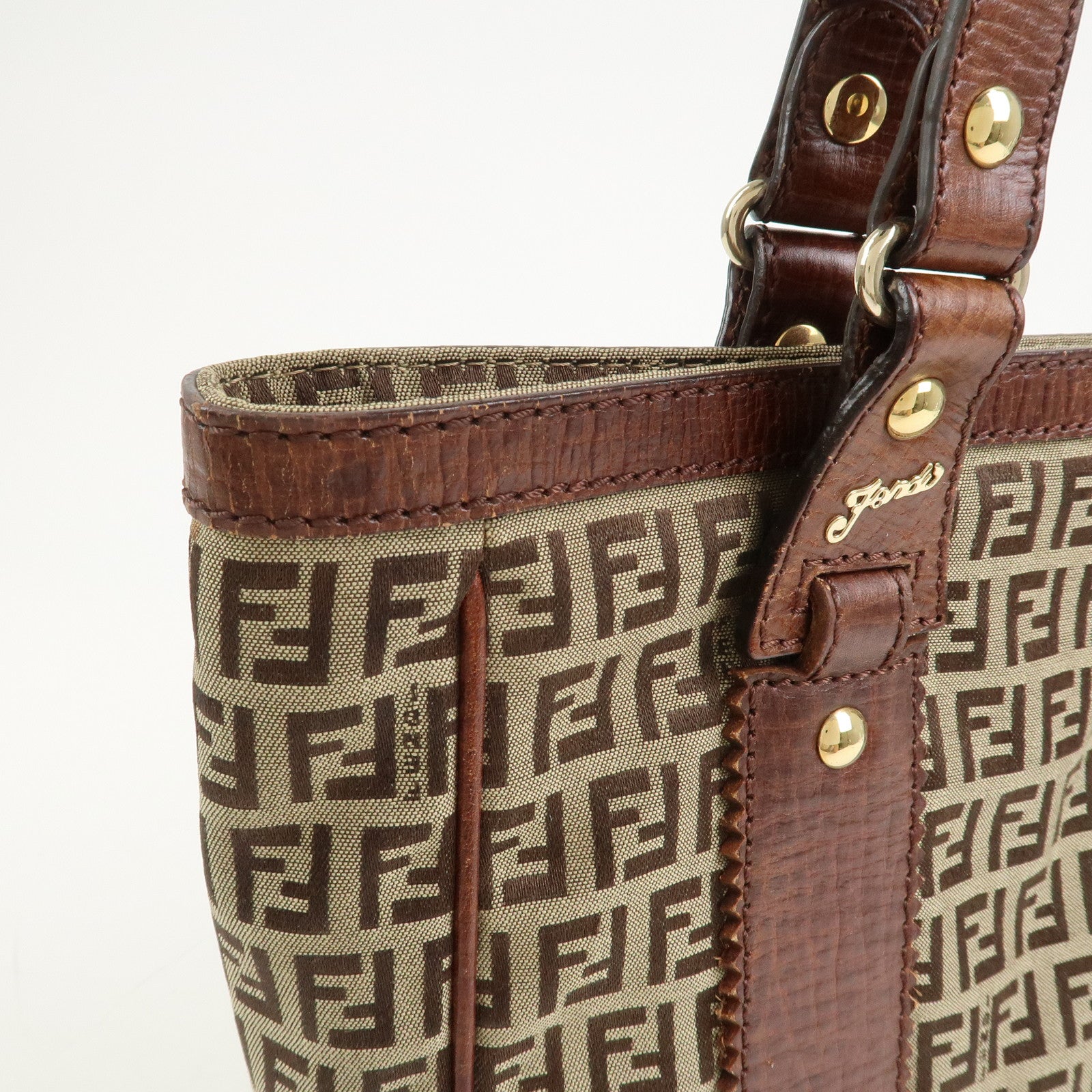 FENDI Zucchino Canvas Leather Tote Bag Shoulder Bag Brown 8BH161