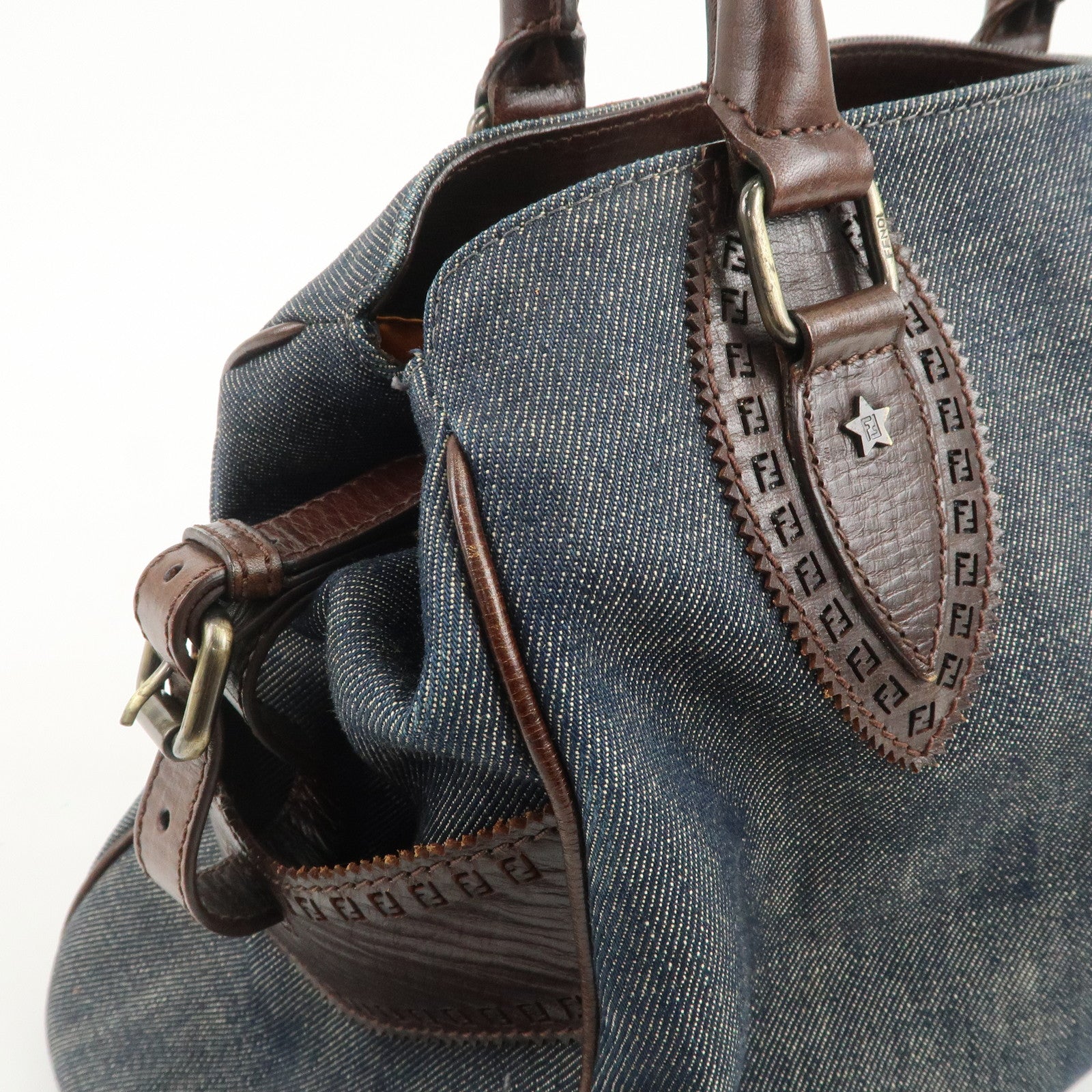 FENDI Etonico Denim Leather Tote Bag Shoulder Bag Brown 8BN162