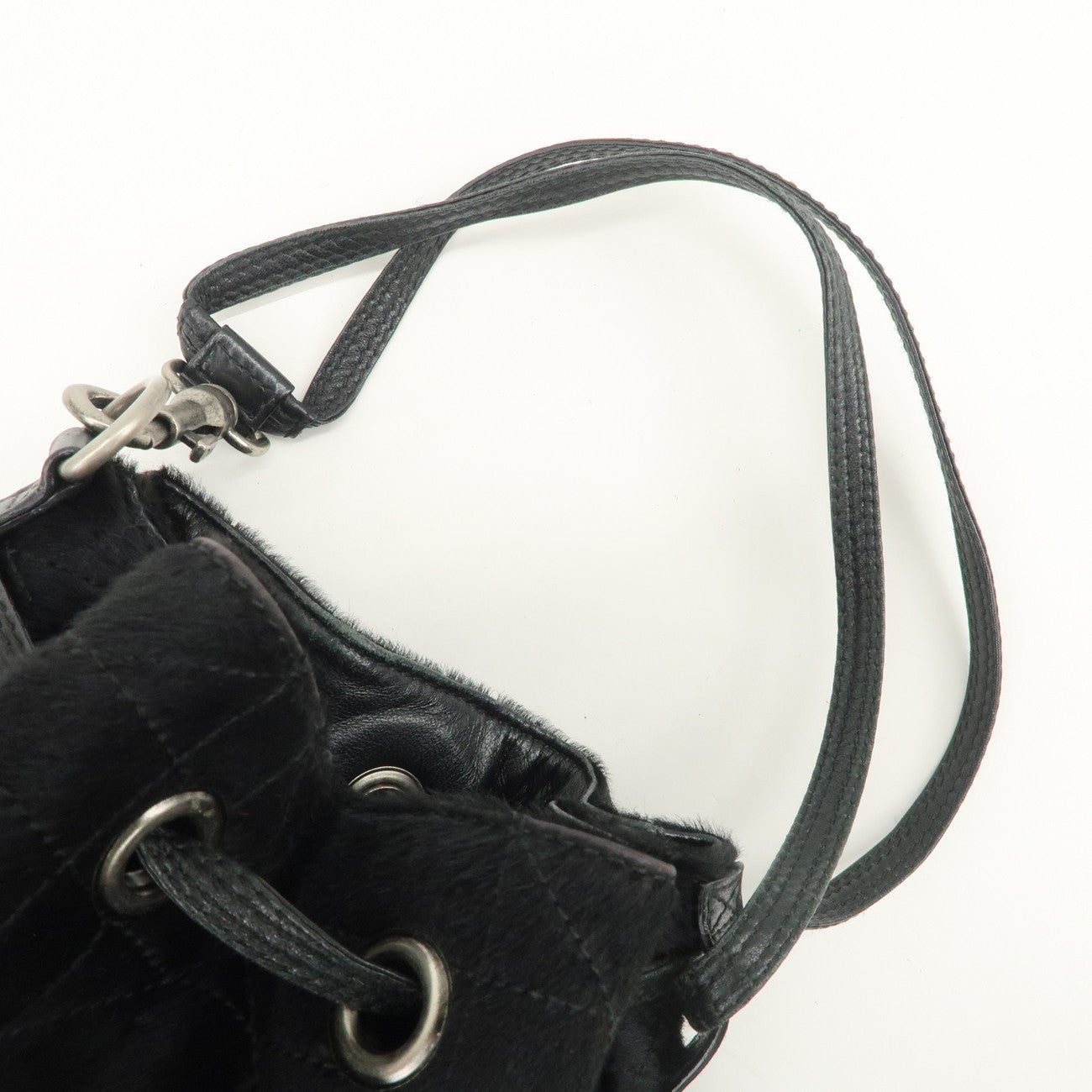 Christian Dior Unborn Carf Leather Drawstring Hand Bag Black Silver