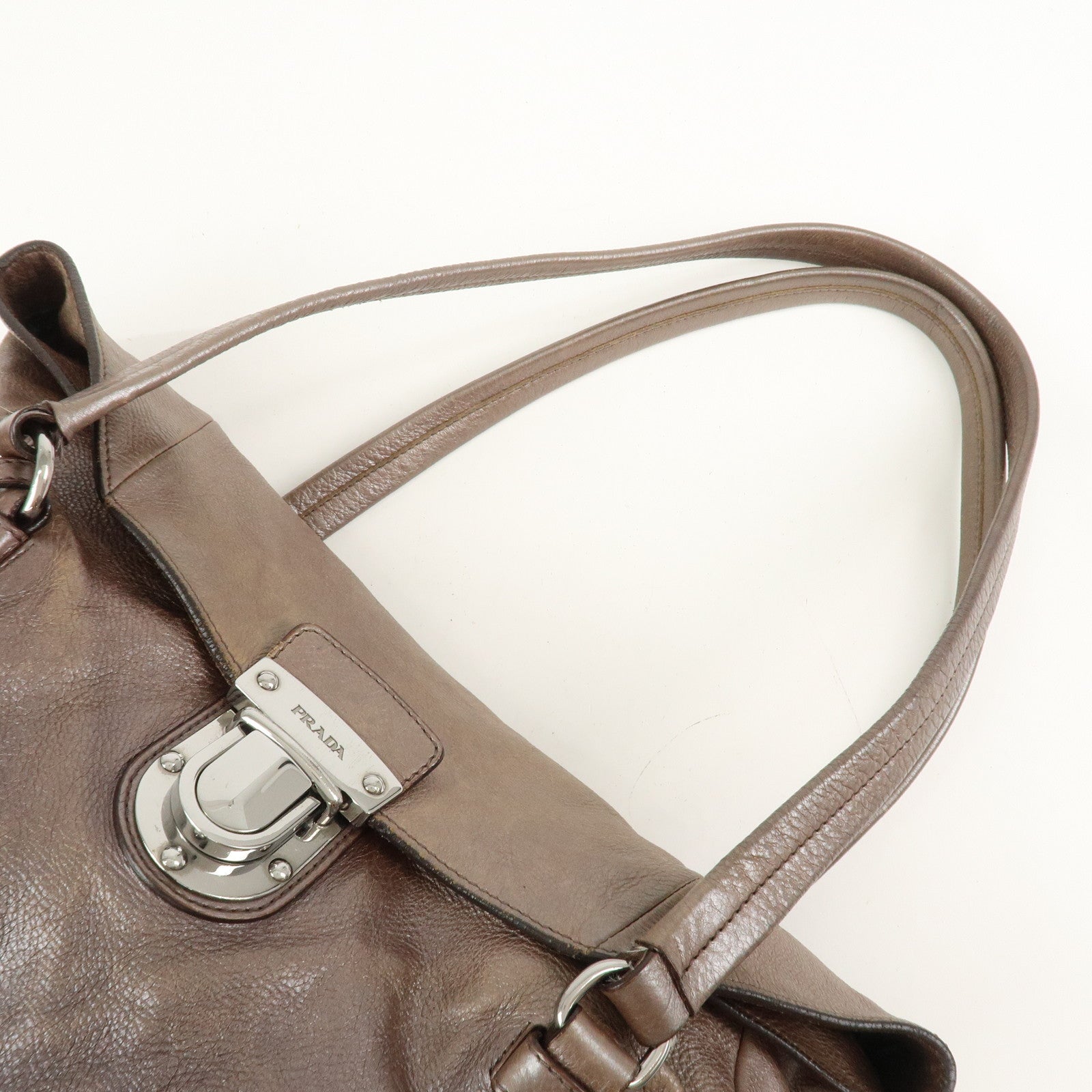 PRADA Logo Leather Shoulder Bag Hand Bag Metallic Brown BR3901