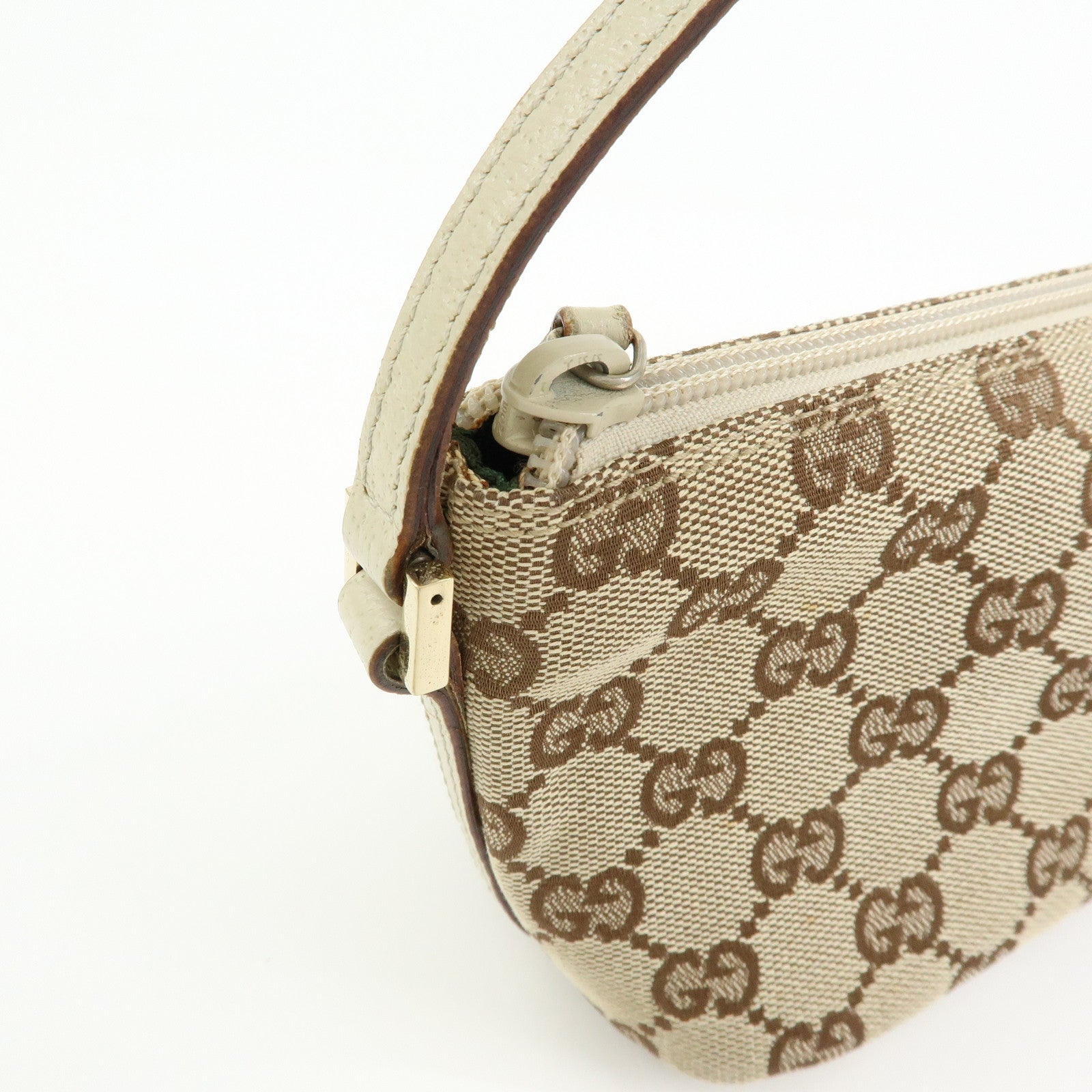 GUCCI Boat Bag GG Canvas Leather Hand Bag Pouch Brown Ivory 07198