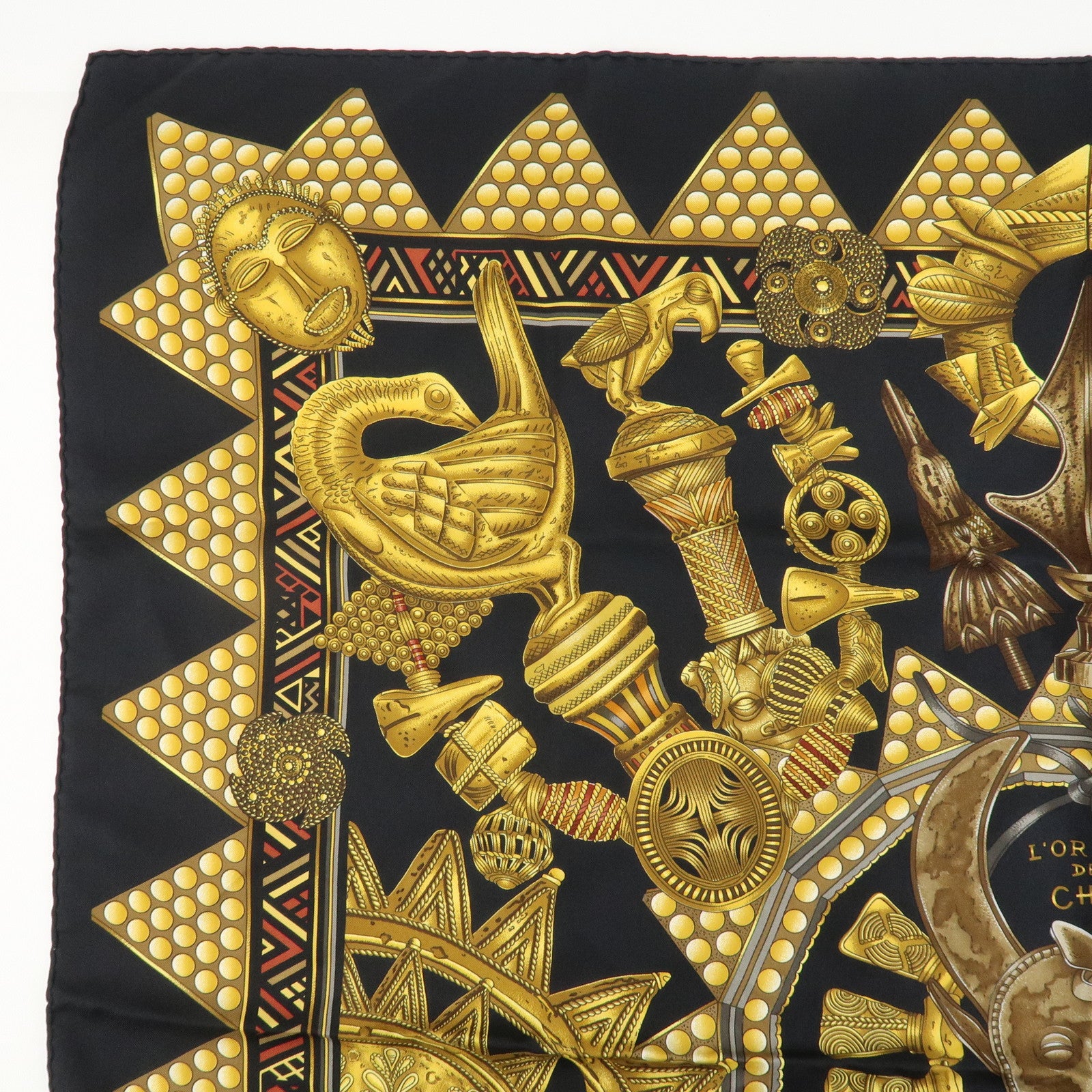 HERMES Carre 90 Silk 100% Scarf L'OR DES CHEFS Black Yellow Used