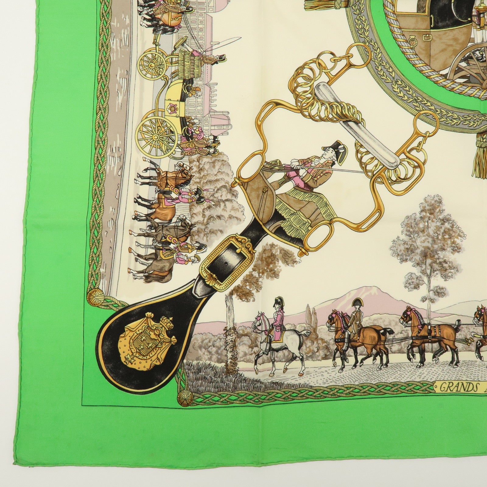 HERMES Carre 90 Silk 100% Scarf GRANDS ATTELAGES Green Pink Gold