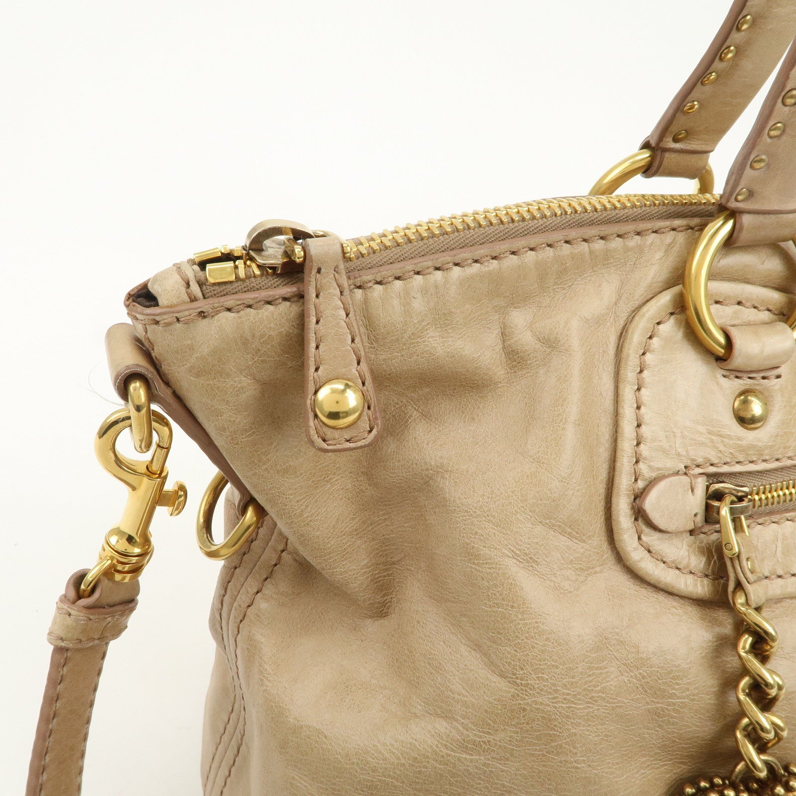 MIU MIU Logo Leather 2Way Bag Hand Bag Shoulder Bag Beige RN0728