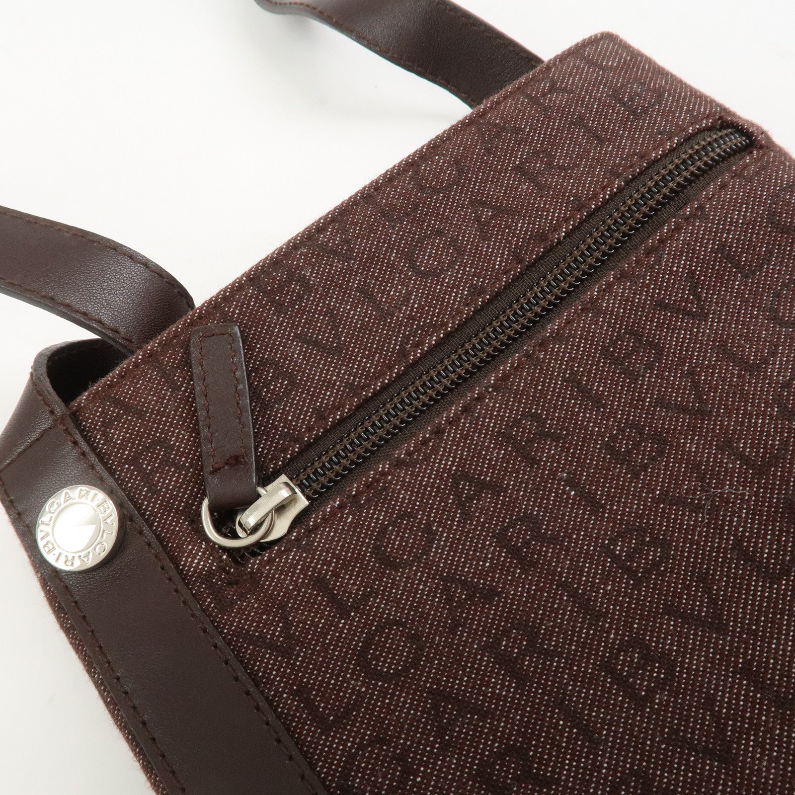 BVLGARI Logo Mania Canvas Leather Shoulder Bag Crossbody Bag Brown