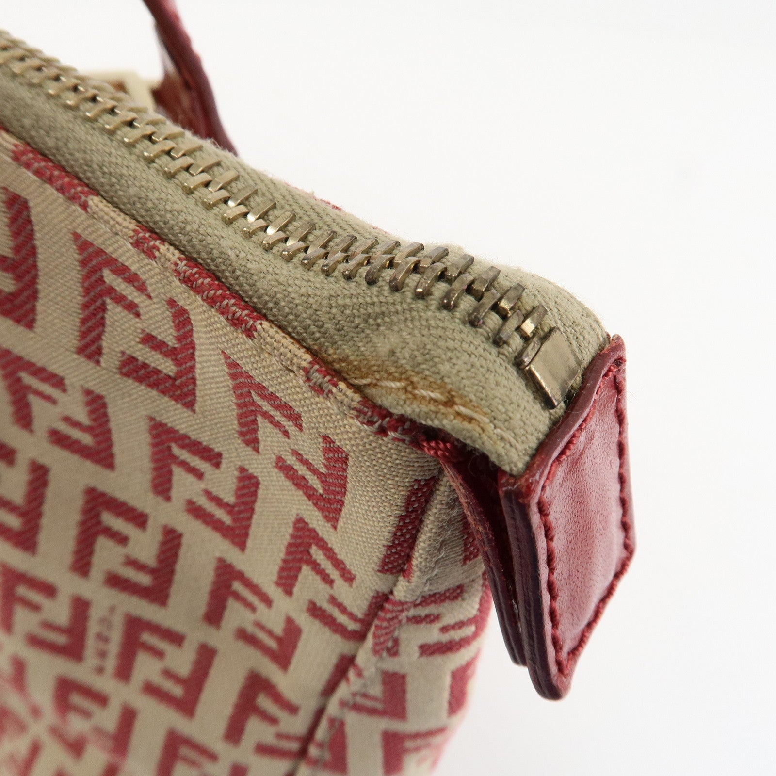 FENDI Zucchino Canvas Leather Hand Bag Beige Red 8BH134 Used