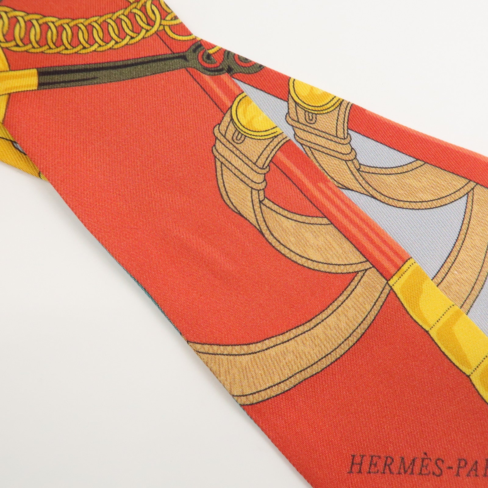 HERMES Twilly Silk 100% Scarf Eperon d'or Red Gray
