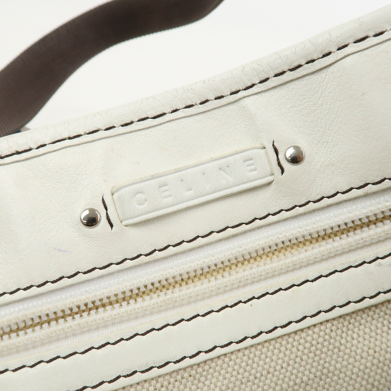 CELINE C Macadam PVC Canvas Leather Tote Bag Hand Bag Ivory Black