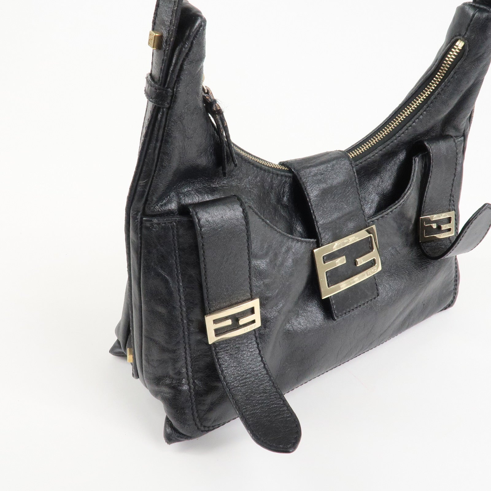 FENDI Leather Shoulder Bag Hand Bag Black 8BR522 Used