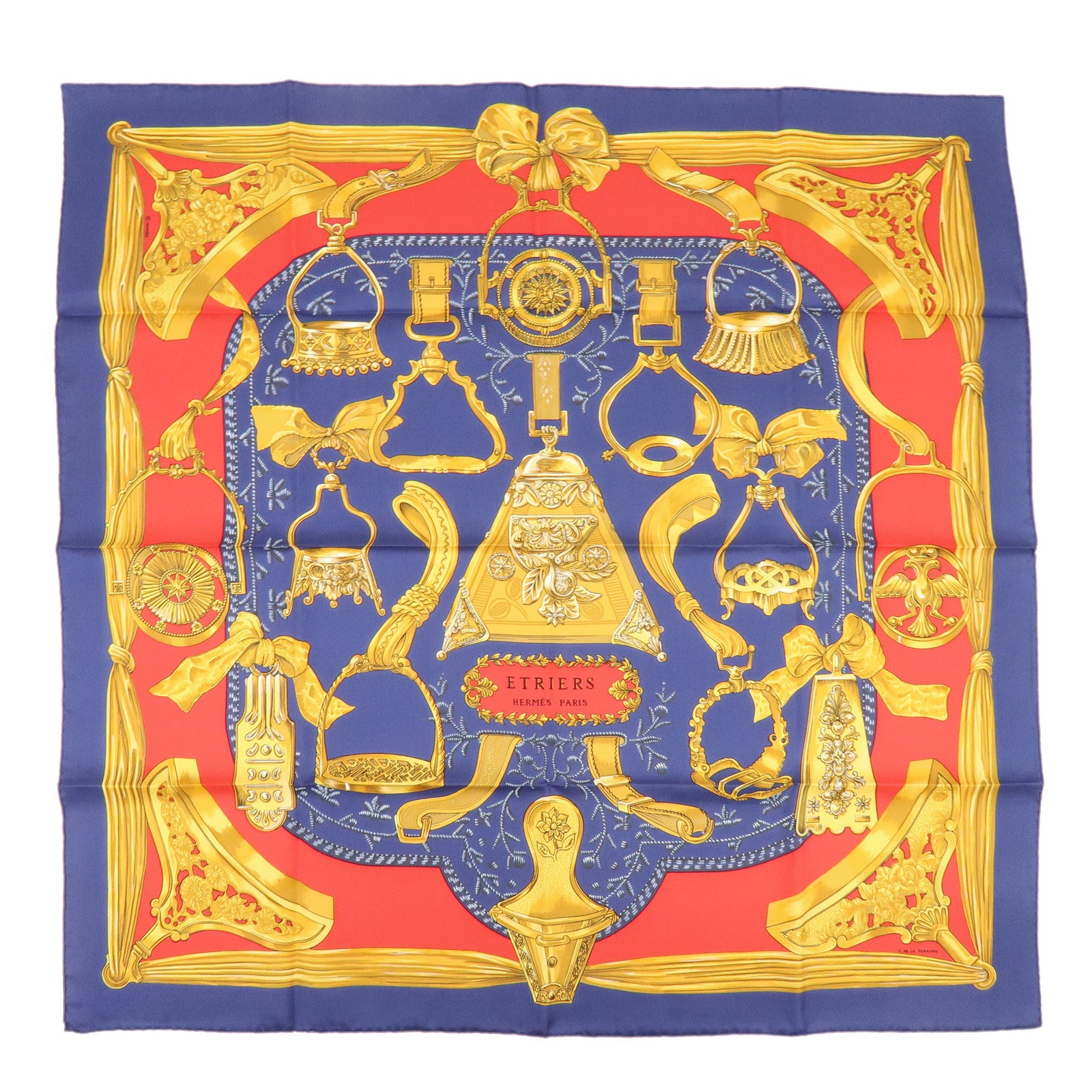 HERMES Carre 90 Silk 100% Scarf ETRIERS Gold Red Navy