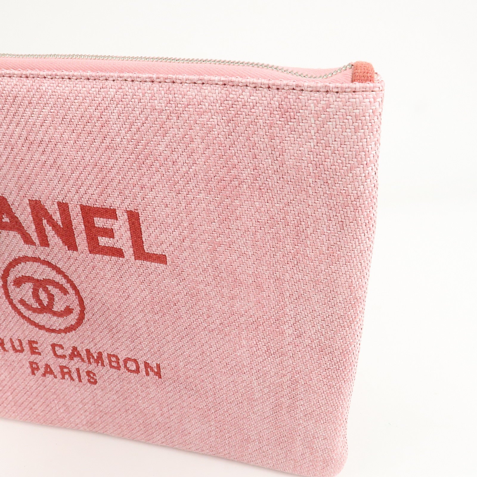 CHANEL Deauville Straw Clutch Bag Pouch Pink Red