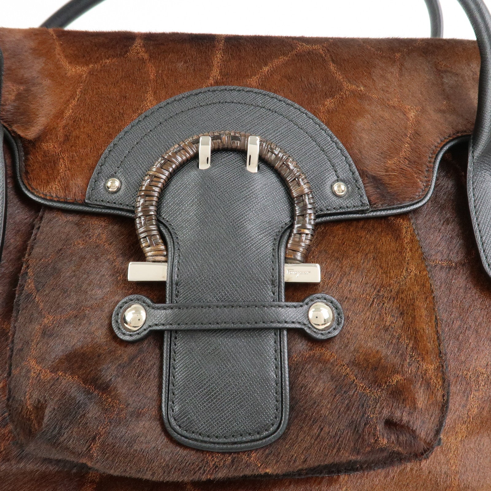 Ferragamo Gancini Logo Unborn Calf Leather Shoulder Bag Brown