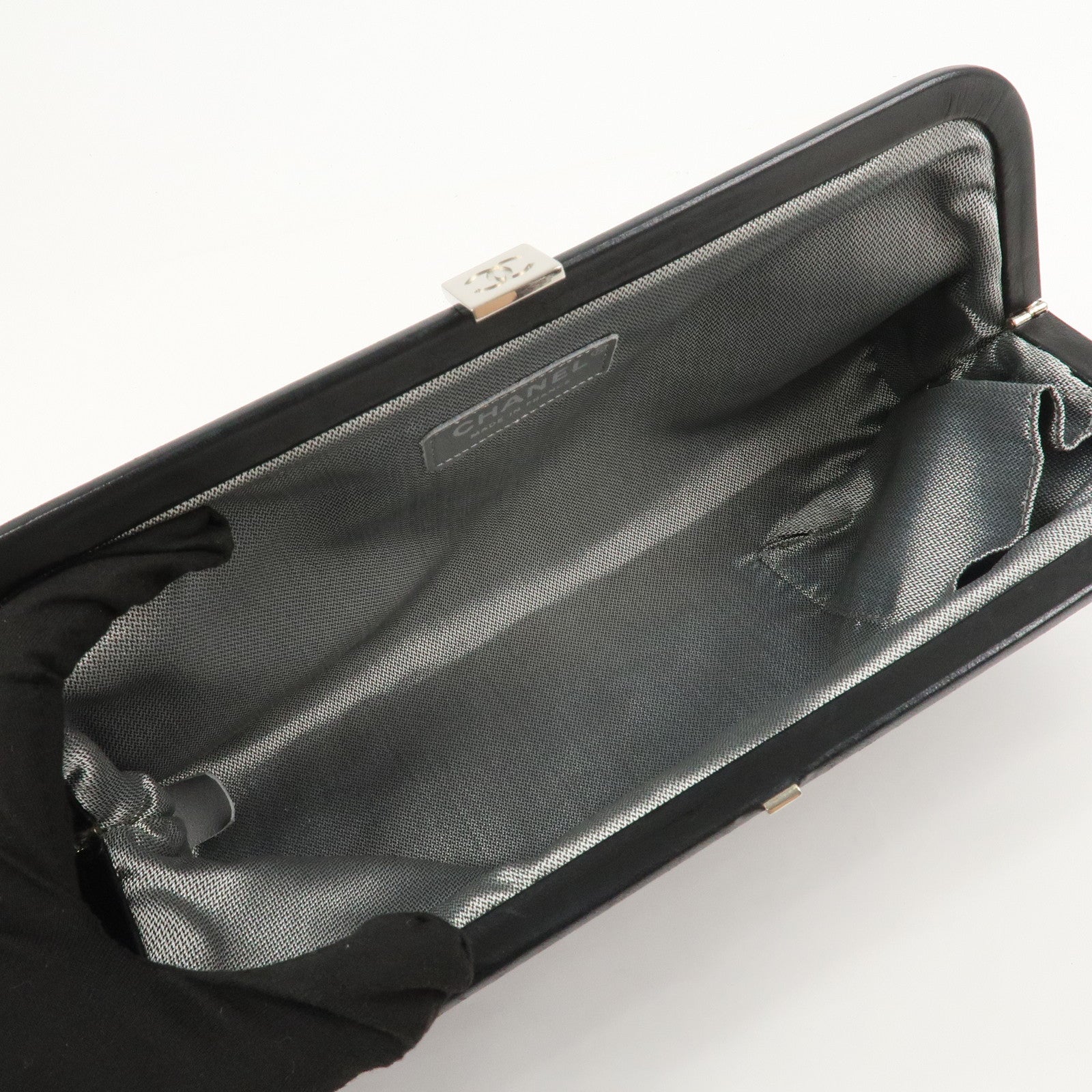 CHANEL Mademoiselle Line Lamb Skin Clutch Bag Hand Bag Black