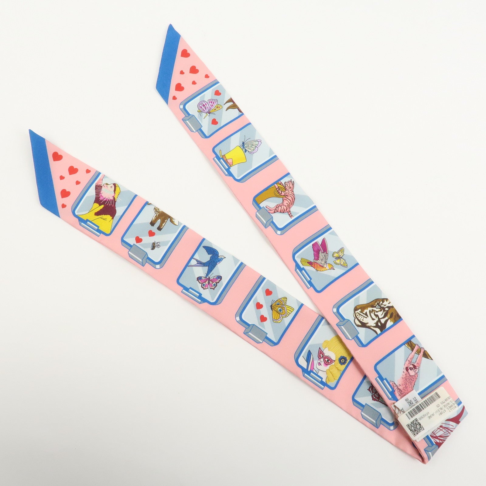 HERMES Twilly Silk 100% HERMES STORY Scarf Pink Blue
