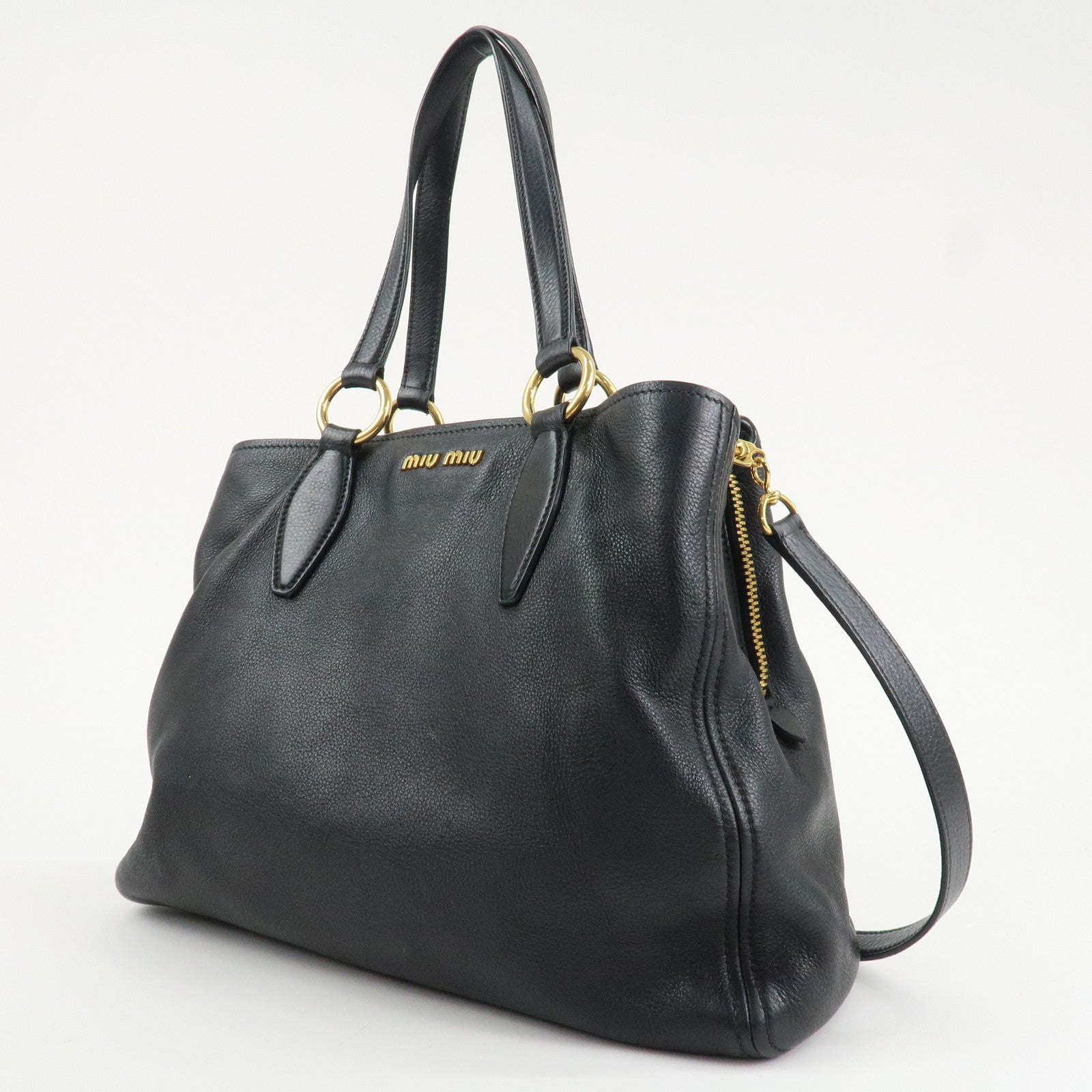MIU MIU Logo Leather 2Way Bag Tote Bag Shoulder Bag Black RR1901 Used