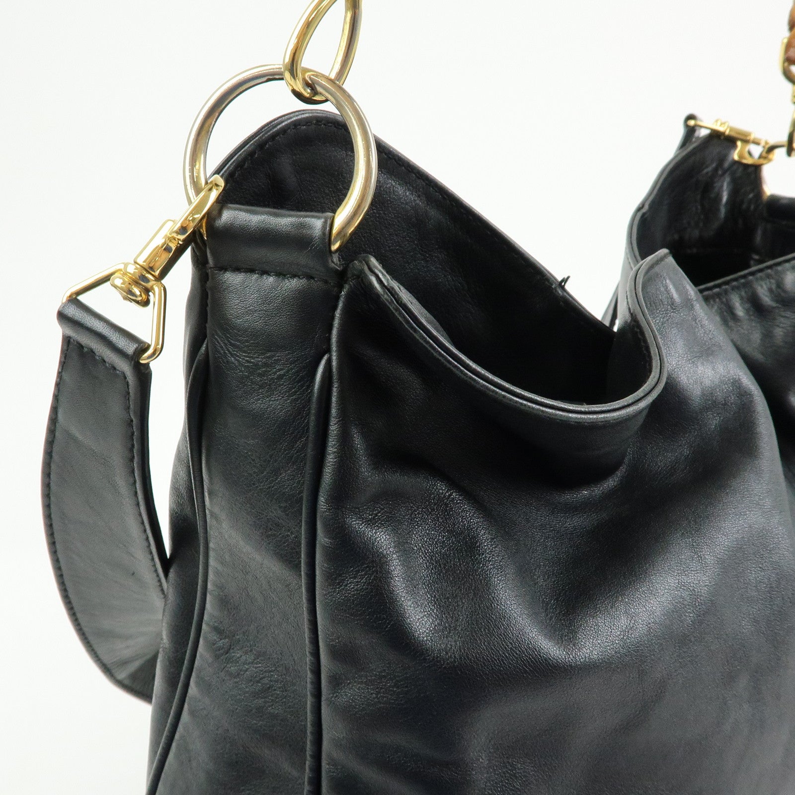 GUCCI Bamboo Leather 2Way Bag Hand Bag Shoulder Bag Black 001・1781