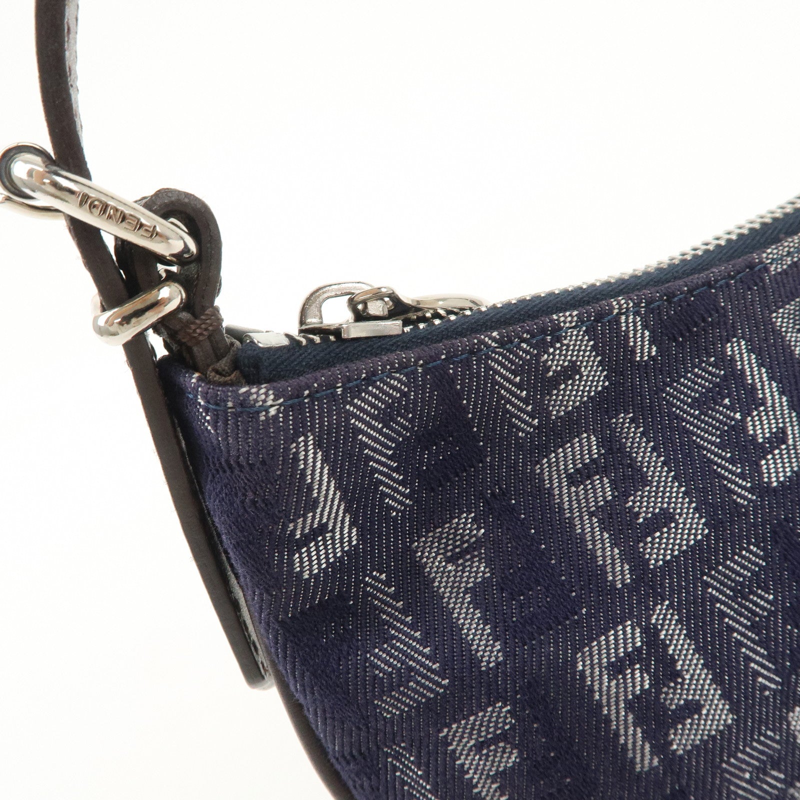 FENDI Zucchino Canvas Leather Shoulder Bag Hand bag Navy 8BR248 Used