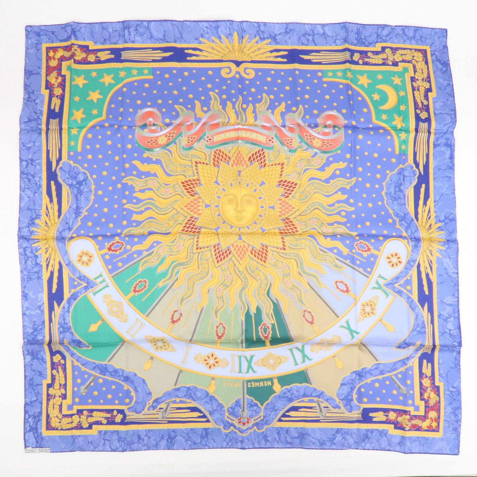 HERMES Carre 90 Silk 100% Scarf CARPE DIEM Blue Yellow Multicolor
