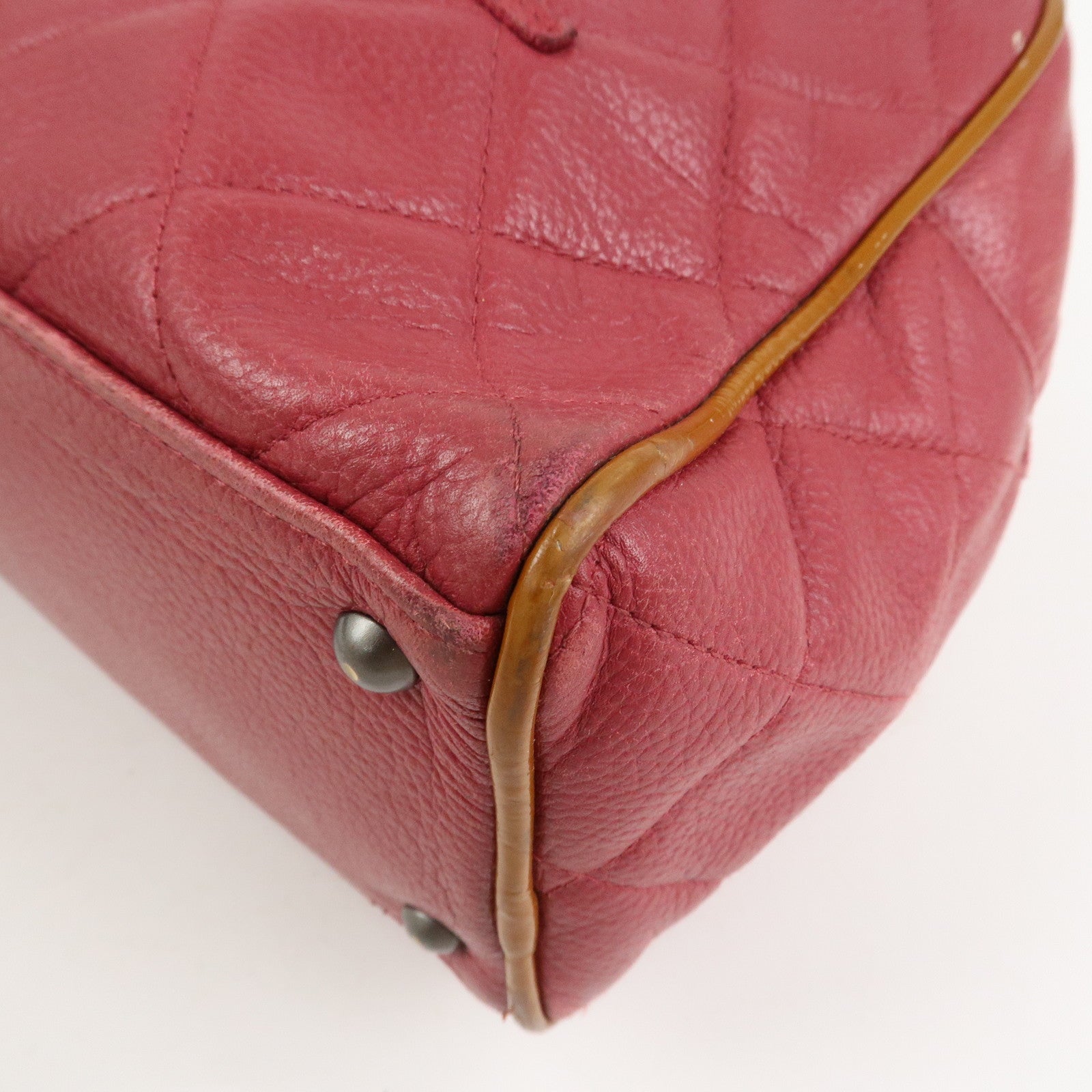 CHANEL Matelasse Leather Patent Leather Mini Boston Bag Pink Brown