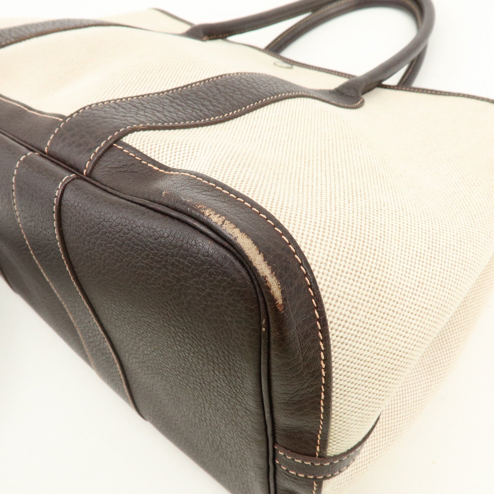 HERMES Garden Party Canvas Leather Tote Bag Beige Brown □H Stamped